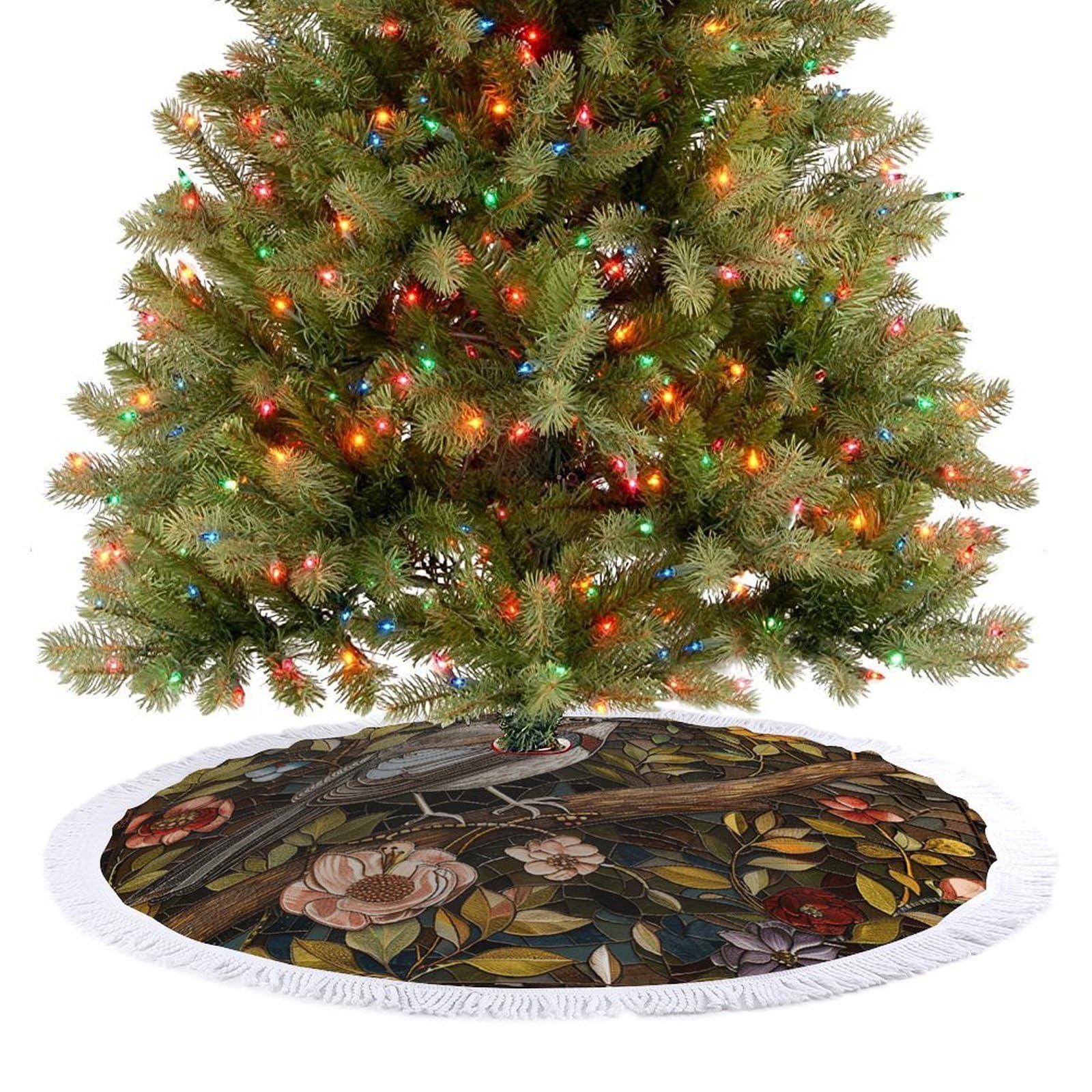 Bird Perched on Branch Christmas Tree Skirt 30"x30" Rustic Xmas Tree Mat with Tassel Ornament Christmas Trees Cover Skirt Mat for Evergreen Trees Ornament Winter Holiday Mats Decorations
