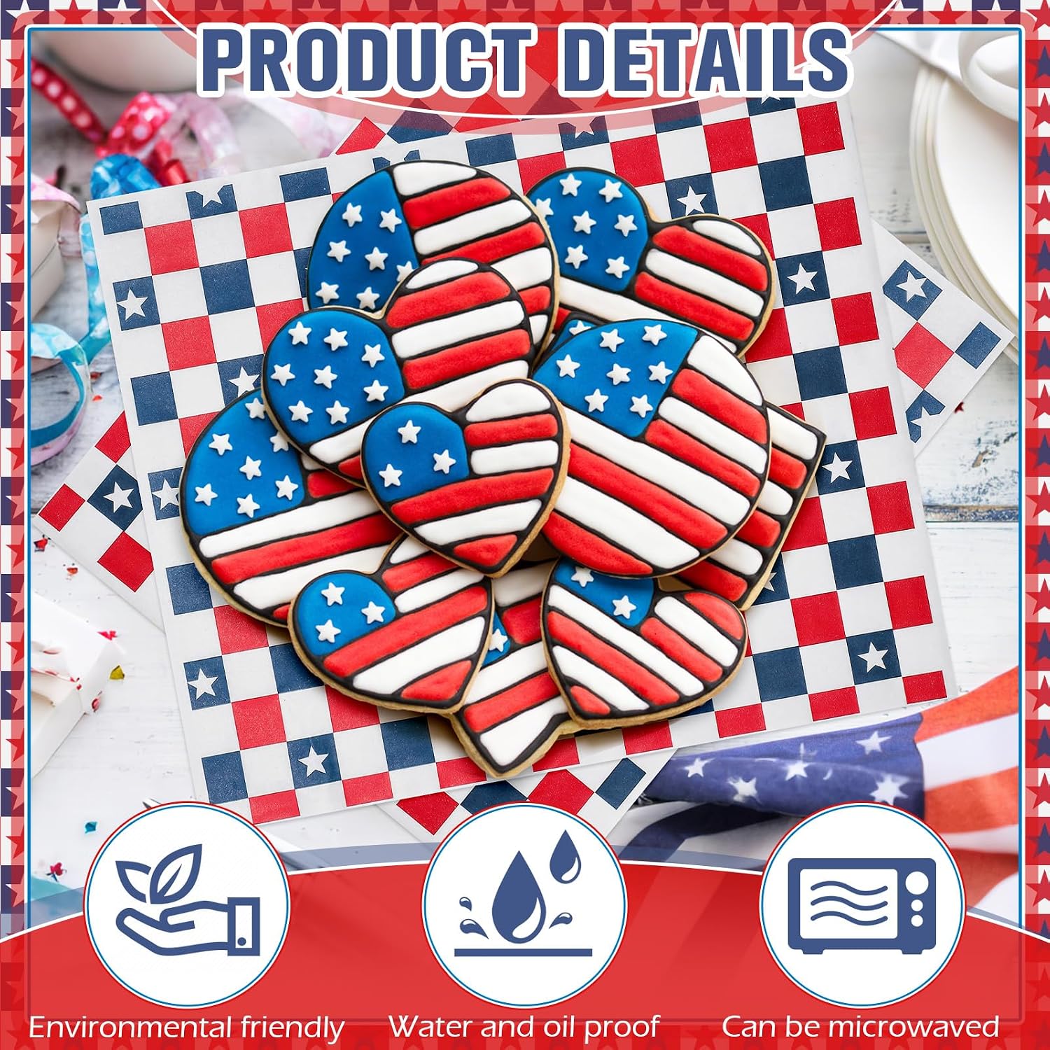 Teling 150 Pcs Patriotic Wax Paper Sheets Food Basket Liners Red White and Blue Baking Paper Sheets 4th of July Deli Sandwich Wax Wrappers for Independence Day Kitchen Party Supplies(Checkered) image 3