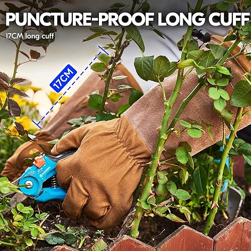 Miniatura 4 de Vgo... Guantes de trabajo de seguridad para hombre, puño extendido de cuero dividido de cerdo, cuero sintético, a prueba de espinas de poda de