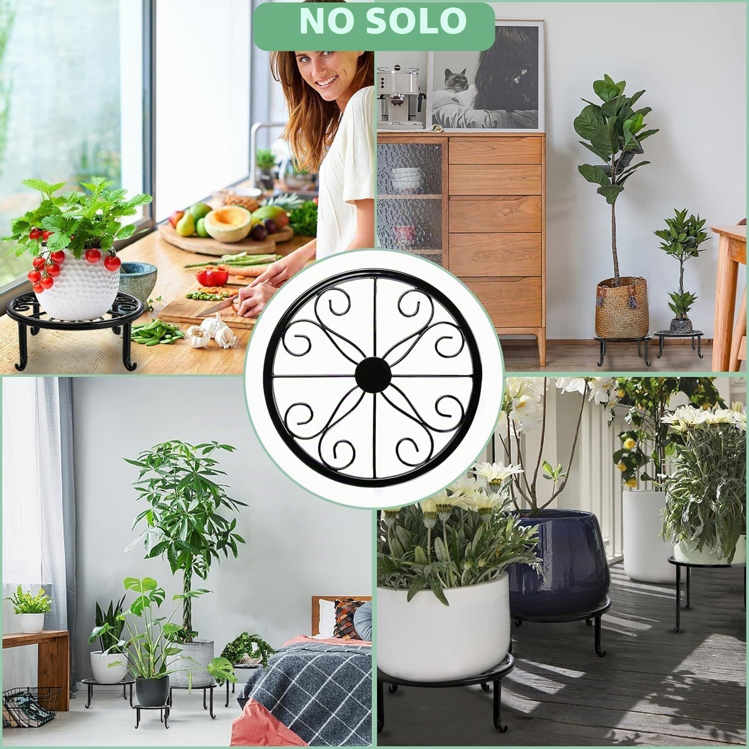 LATERN 4 Piezas Soportes de Metal para Plantas, 23CM Soporte Resistente para Macetas Estante Redondo de Hierro Inoxidable para Contenedores para Hogar Aire Libre Patio Jardín Decoración (Negro)