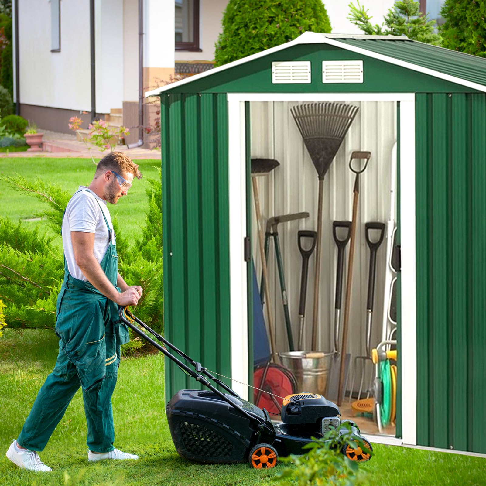 COSTWAY Casetta da Giardino 2,37㎡, Capanno da Esterno in Lamiera Zincata Resistente alle Intemperie con Base, Porte Scorrevoli, Maniglie, Sfoghi e Tettoia, 213 x 127 x 185 cm (Verde Scuro)