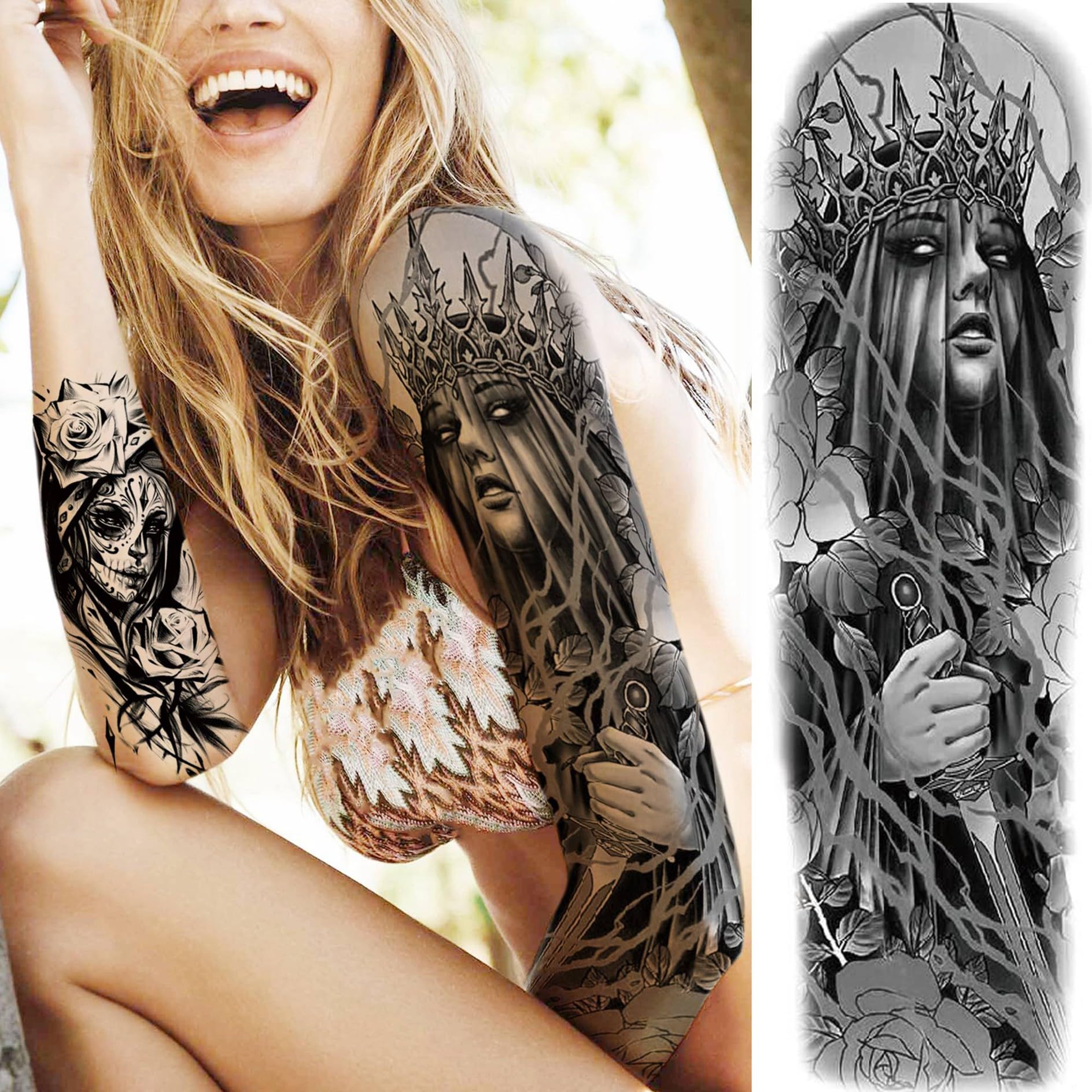 20 Sheets Gothic Nun Girl Prayer Full Arm Temporary Tattoos for Men Women Thigh Zeus God Indian Chicano Gangster Wolf FLower Fake Tattoo Sleeve for Adults Halloween Black Tattoo Stickers Skull - Image 3