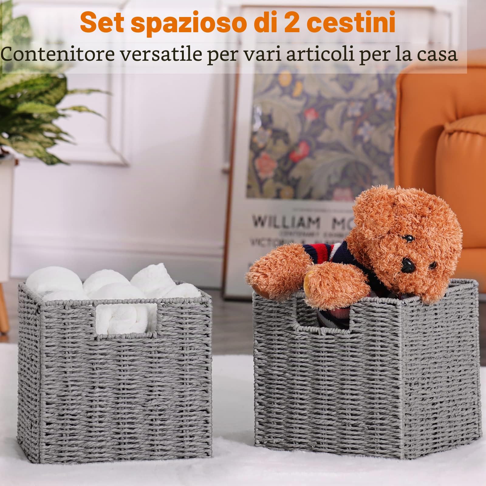 Vagusicc Set di 2 cestini portaoggetti in vimini, intrecciati a mano con manici, organizer cubici pieghevoli, grandi 33 cm, per mensole, dispensa, decorazione per camera da letto, grigio (33 x 33 x 33