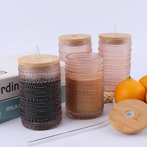 Miniatura 3 de Juego de 4 vasos vintage para beber con tapas de bambú, juego de cristalería acanalada a rayas transparentes texturizadas, juego de cóctel, tazas de