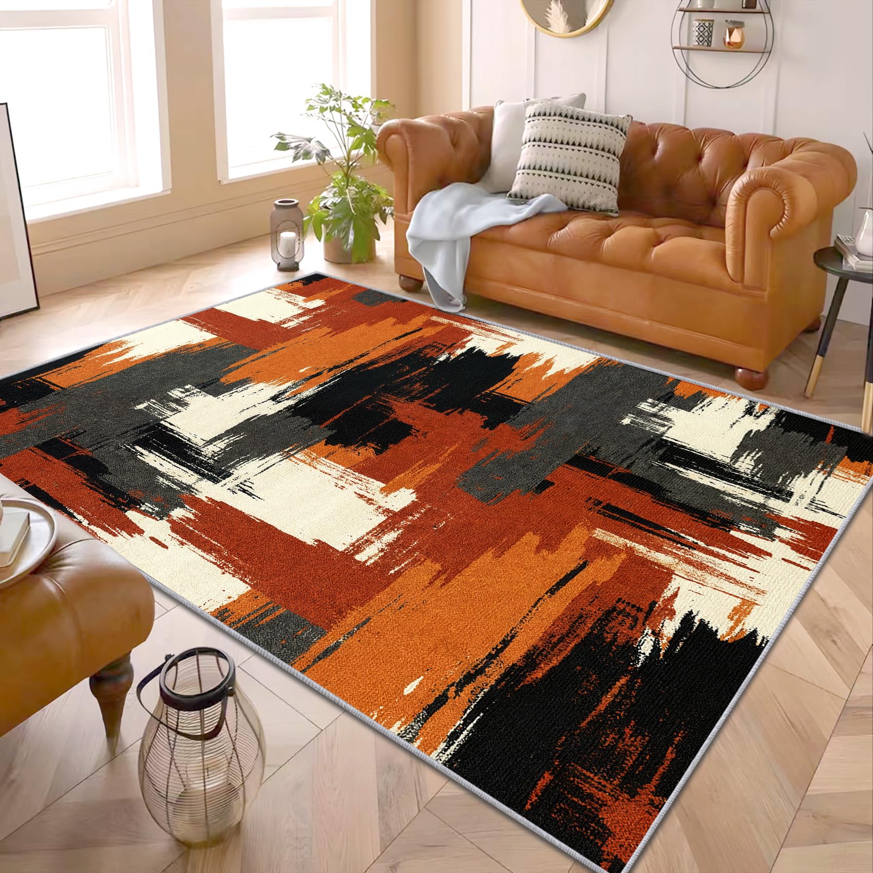 Teppich Terrakotta Abstrakt - Teppiche Wohnzimmer Schlafzimmer Beige Orange, Großer Teppich Vintage Graffiti, Weich Kurzflor & Waschbar & rutschfest Wohnzimmerteppich 200x300 cm