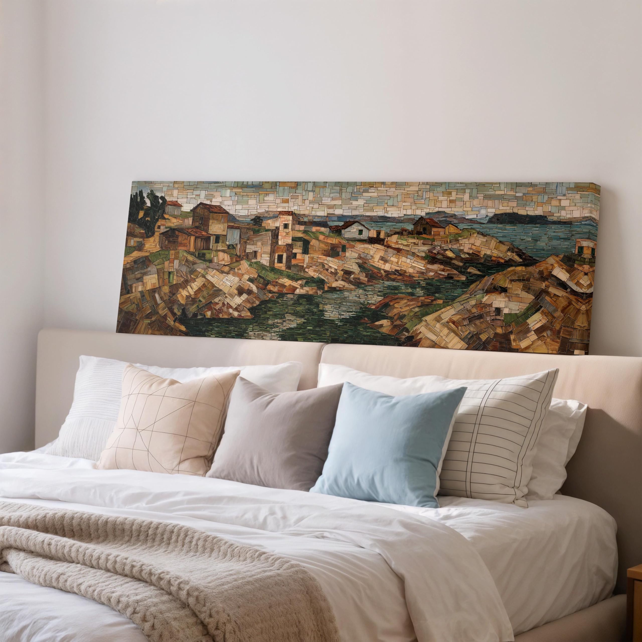 Peinture texturée de paysage marin : évadez-vous face à la mer avec notre toile village en mosaïque - 8