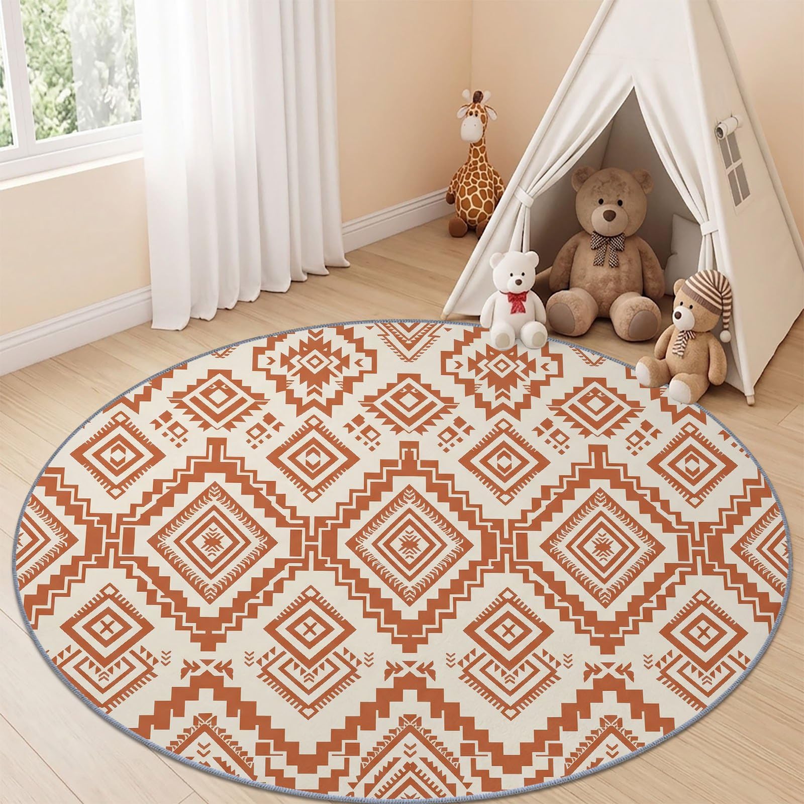 Tapis Rond Salon Boheme Rustique Geometrique Losange Zigzag Ethnique Tapis de Sol Décoration Antidérapant pour Salon Chambre Cuisine Balcon Terrasse Salle à Manger Intérieur (120 cm, Beige)