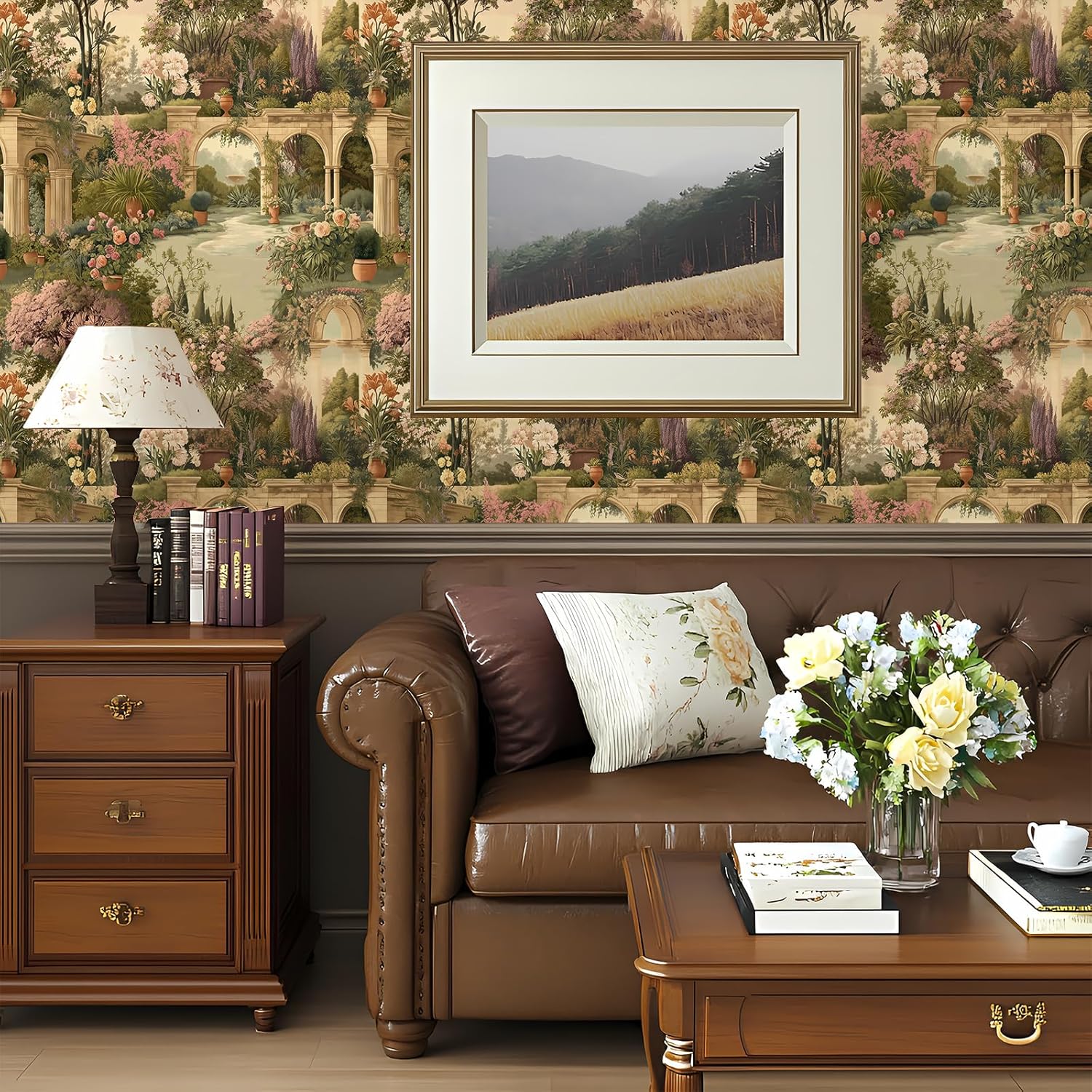 Peel and Stick Beige Art Garden Wallpaper Botanical Moody Vintage Removable Textured 17.7" x 118.11" Wall paper Watercolor Self Adhesive Contact Paper for Classroom Bedroom laundry room bathroom