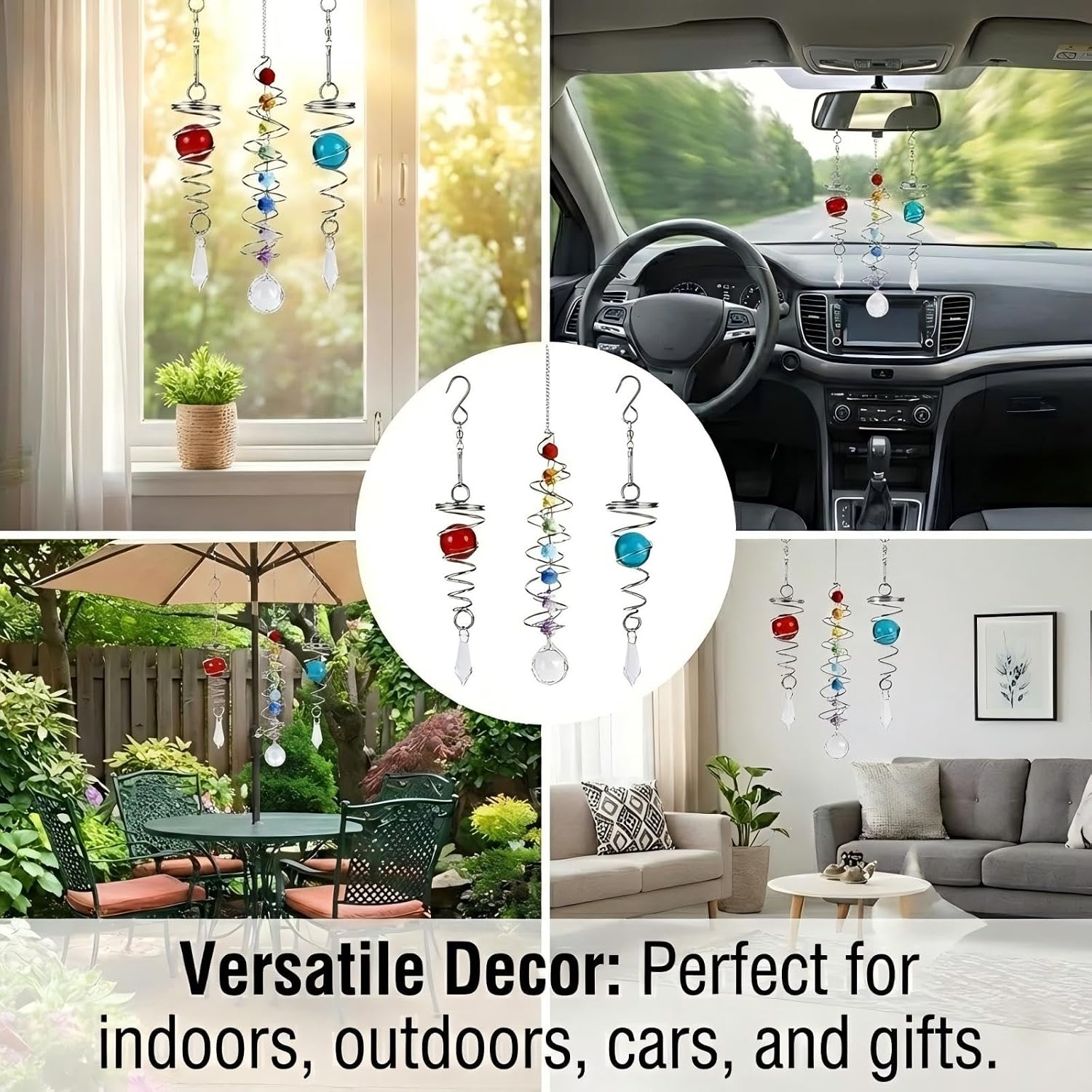 3pc Gazing Ball Spiral Tail Wind Spinner with Crystal Suncatcher Prism Rainbow Maker Hanging Ornament for Window Garden Yard Decorative Indoor Outdoor Home Decor Car Mirror Accessory