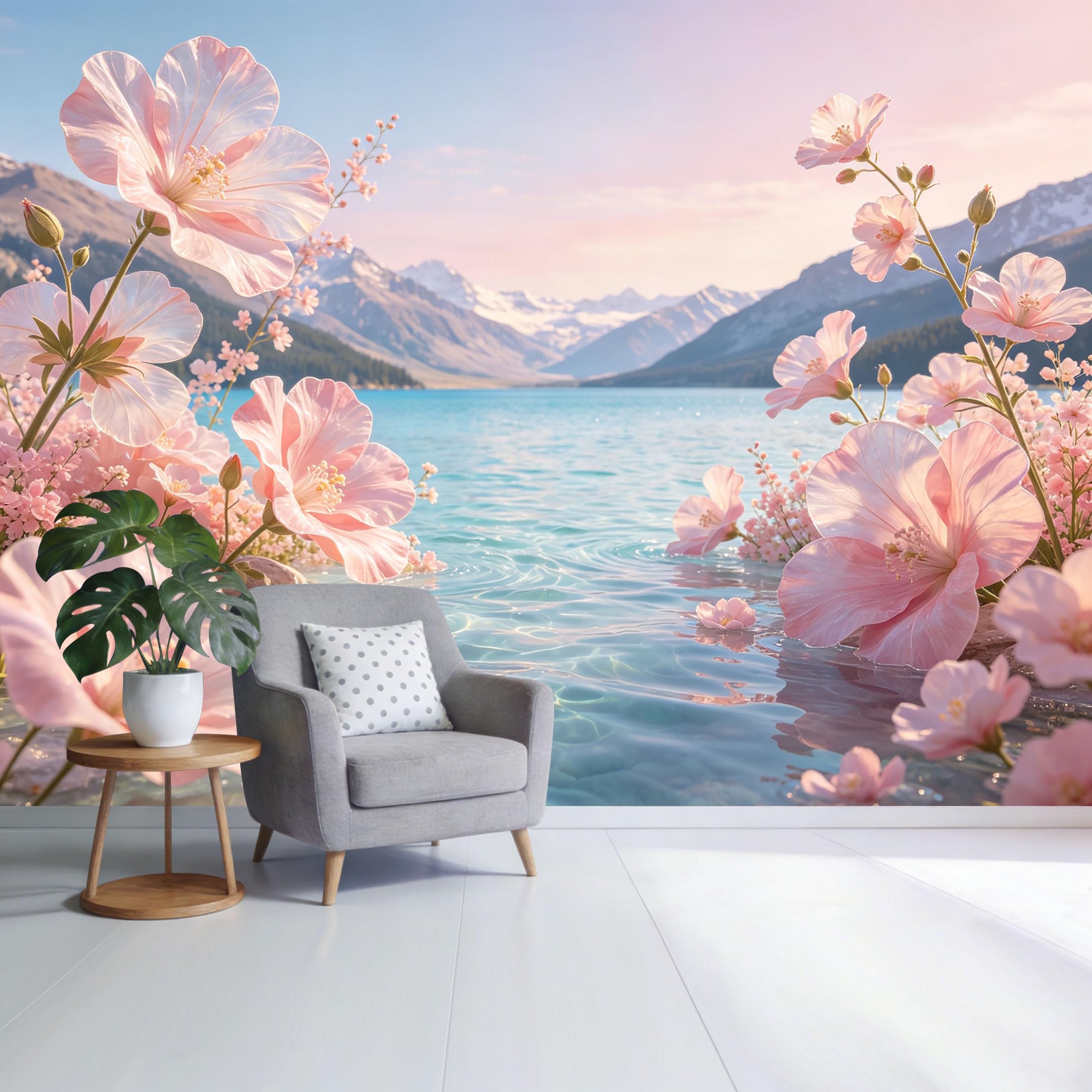 Custom Size Wall Mural Pink Blossom Lake Landscape Mountain View Watercolor Botanical Style SelfAdhesive Wall Fabric Removable Wallpaper for Home Office Decor
