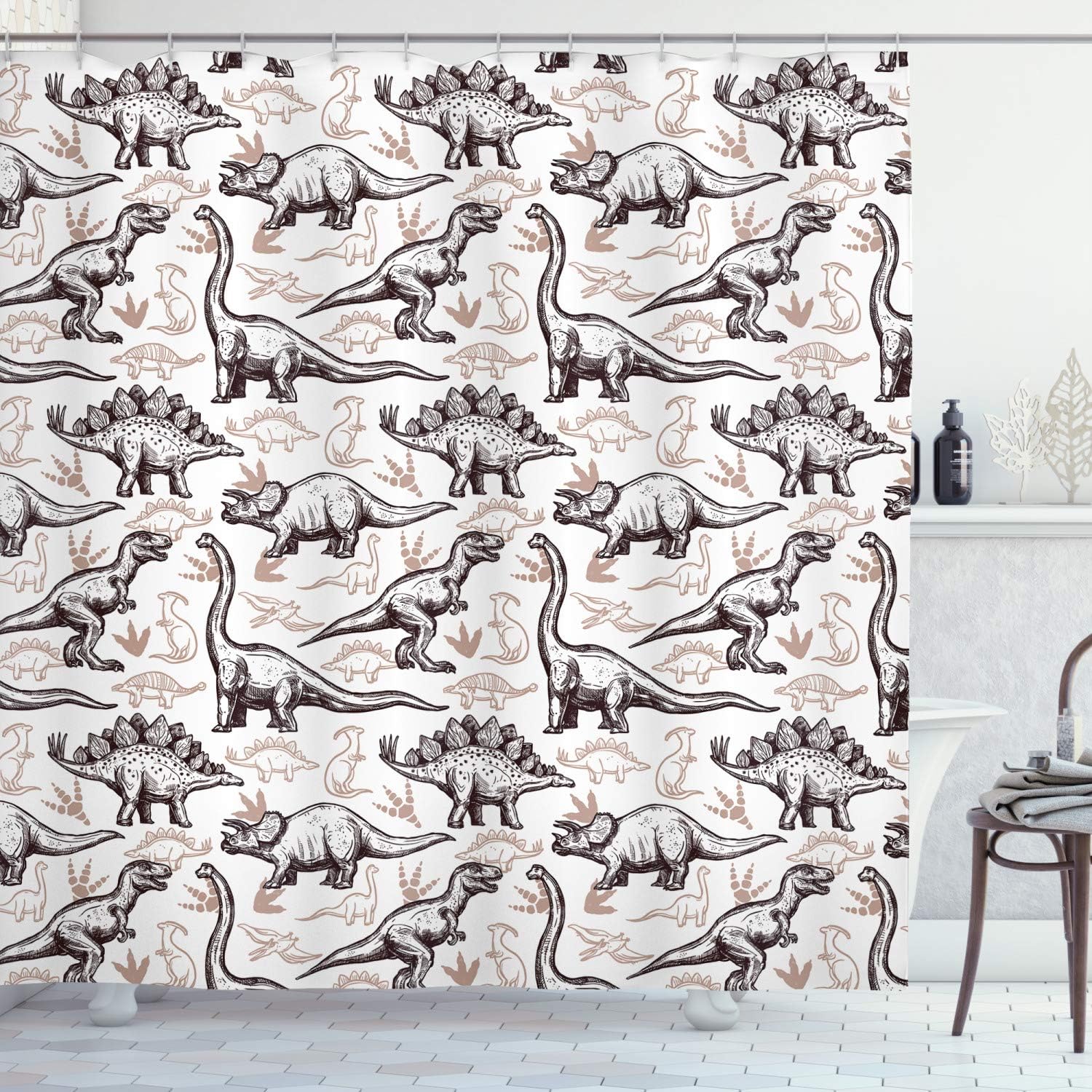 Ambesonne Reptile Shower Curtain, Magnificent Reptiles with Footprints Doodle Art Animals Abstract Pattern, Cloth Fabric Bathroom Decor Set with Hooks, 69" W x 84" L, Brown White