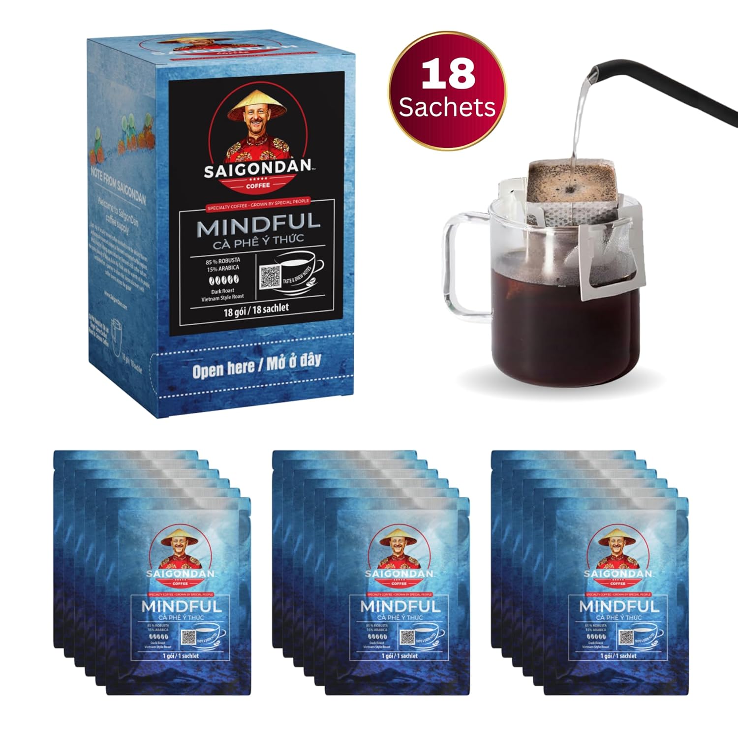 Mindful Pour Over Vietnamese Coffee – Saigondan Single Serve Coffee Sachets | Dark Roast 85% Robusta, 15% Arabica | Instant Specialty Coffee for Travel & Camping | Vietnam Style Roast (18 Sachets)