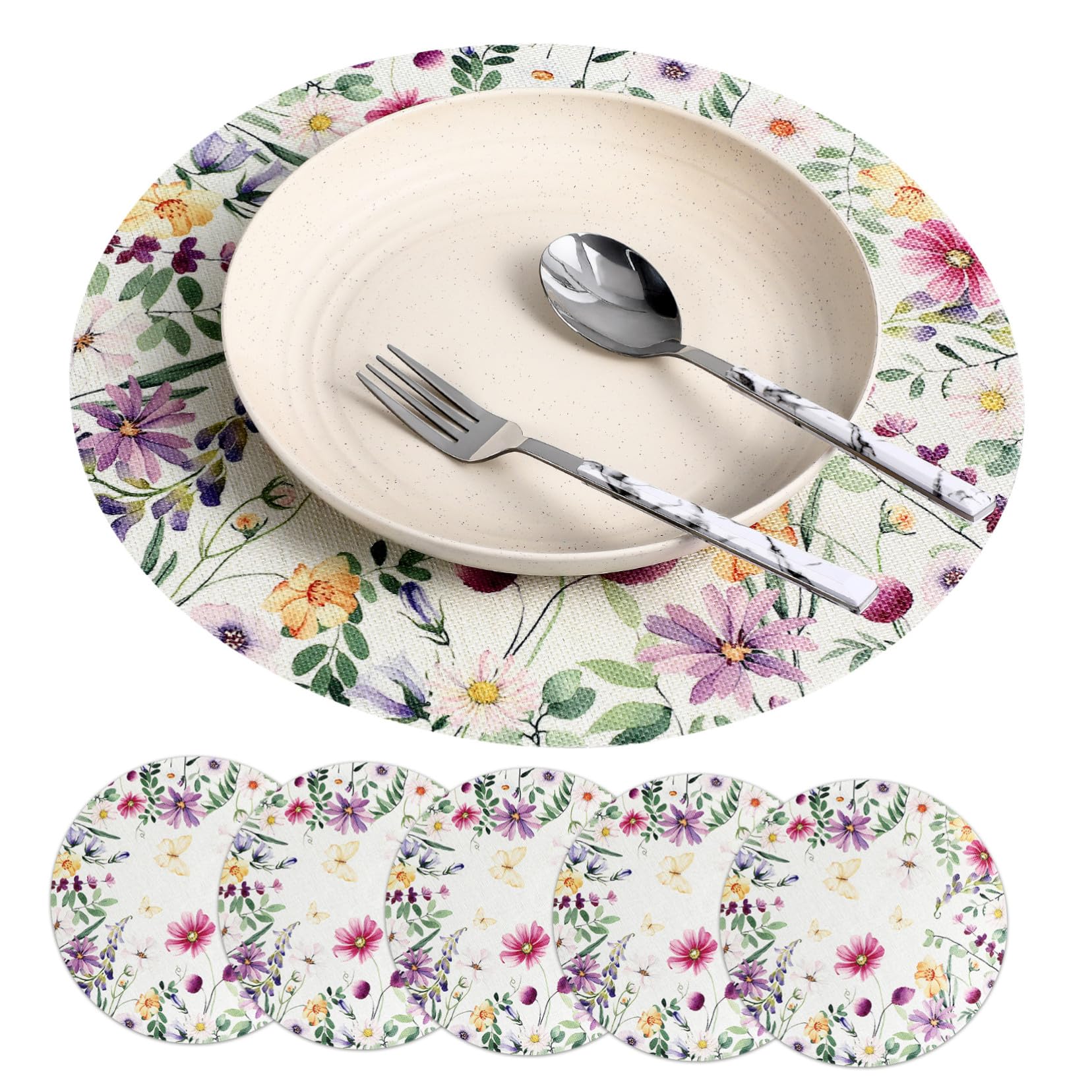Sets de table en lin à fleurs ronds et napperons en tissu pour la maison
