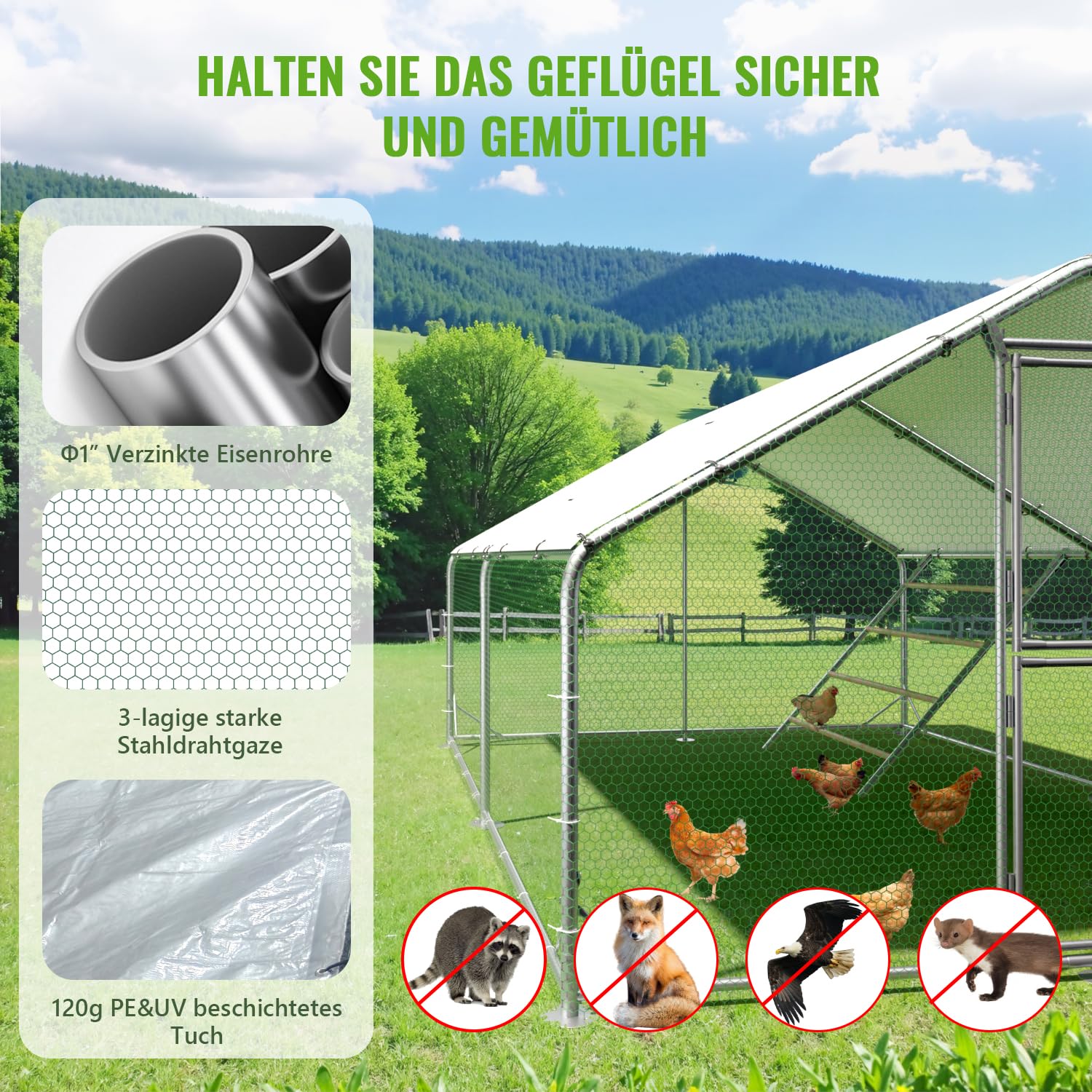 Sannwsg Großer Hühnerstall aus Metall 3x4x2m mit Dachabdeckung Hühnergehege für Garten Wetterfestes Freilaufgehege für 10 bis 20 Hühner mit Zubehör und Sitzleiter