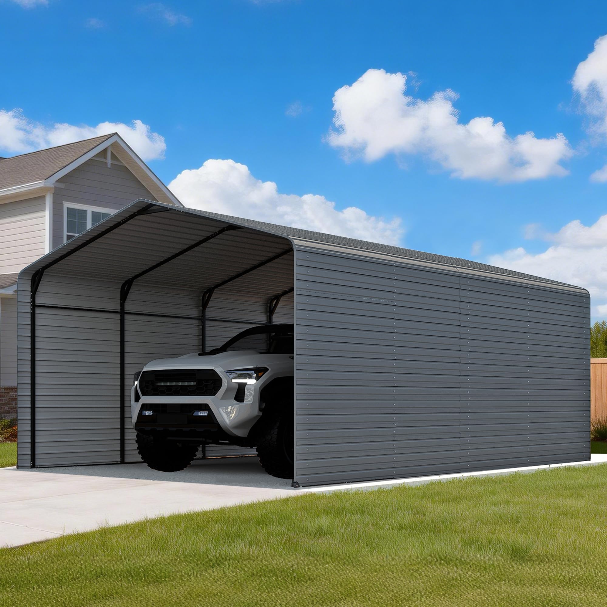 12x20FT Heavy Duty Metal Carport,Outdoor Garage with Metal Side Panels, Enclosed Car Ports with Heavy Duty Steel Frame and Galvanized Roof for Cars and Boats, Equipment Storage,Tools, Gray