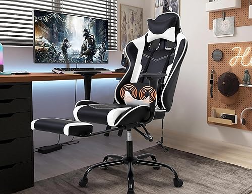 Silla para juegos, silla giratoria de altura ajustable con reposacabezas y soporte lumbar de masaje, silla ergonómica de policarbonato de