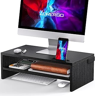 LORYERGO Monitor Stand, 2 Tier Computer Stand, Monitor Stand Riser with Cellphone Holder & Storage Space, Ergonomic Monitor Riser with Cable Management for Laptop, Printer, PC, for Home & Office