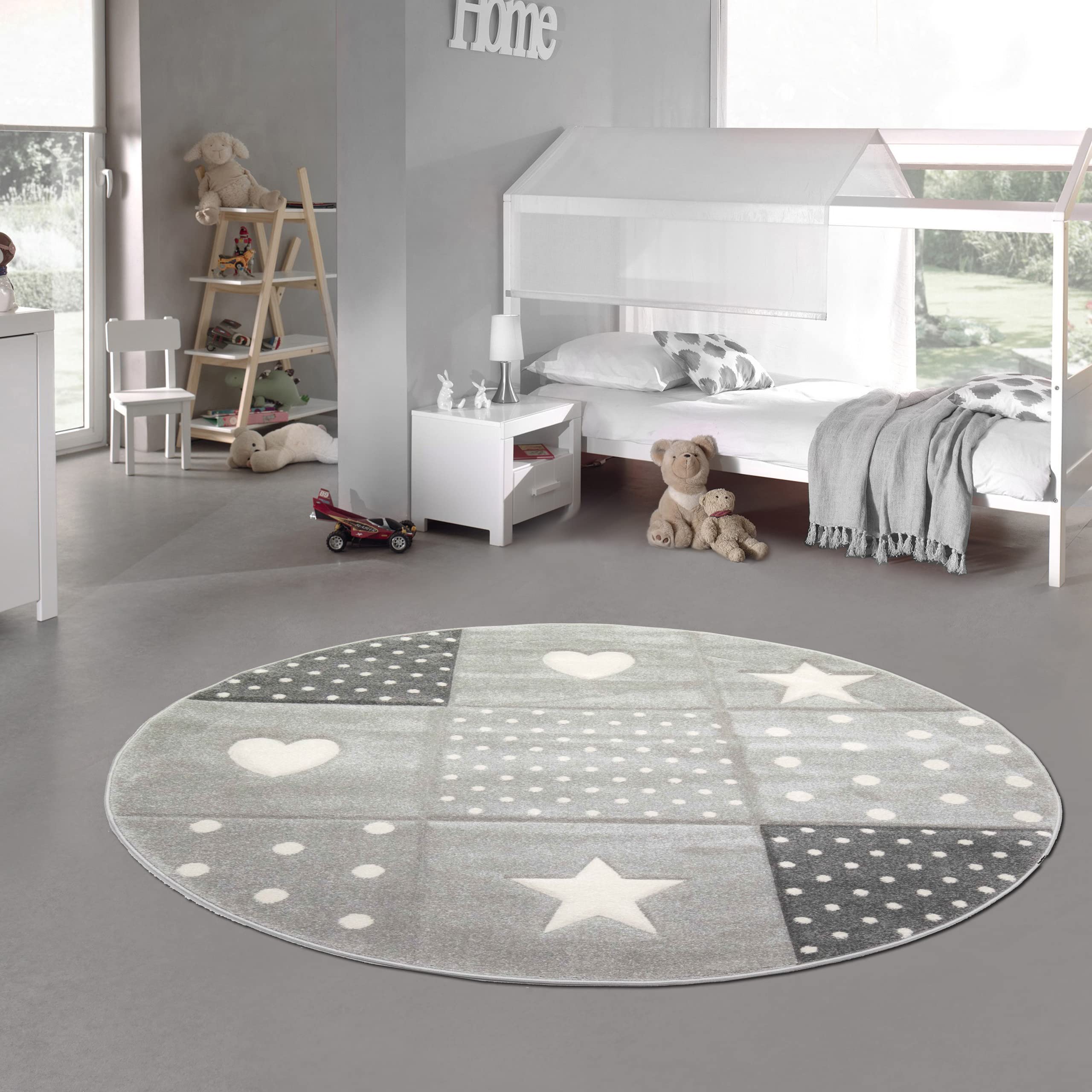 Teppich-Traum Tappeto per Bambini Tappeti da Gioco con Puntini Cuori Stelle Crema Nero Grigio - Molto Resistente Größe 160 cm Rund