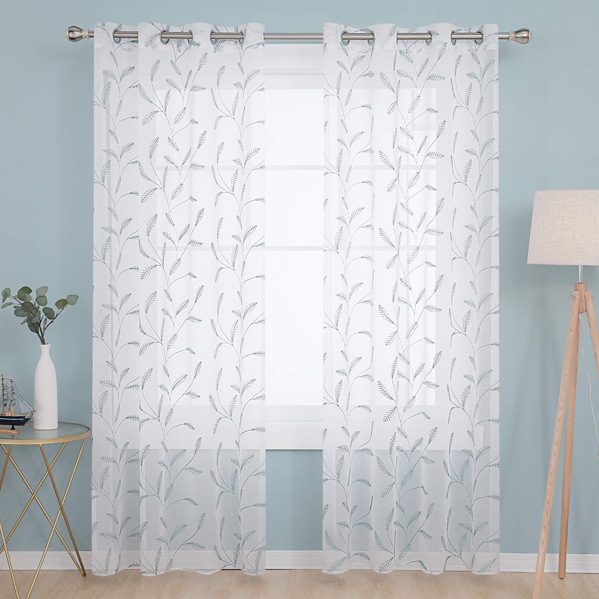 Deconovo Grass-Blue Faux Linen Embroidered Wheat Ears Floral Sheer Curtains Home Decorative Voile Curtains Eyelets Net Curtains For Bedroom 55 X 114 Inch Green One Pair