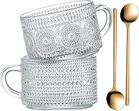 Gezzeny Vintage Embossed Glass Coffee Mugs 14oz Set of 2 - Clear Tea Cups for Cappuccino Latte Cereal Yogurt Gifts