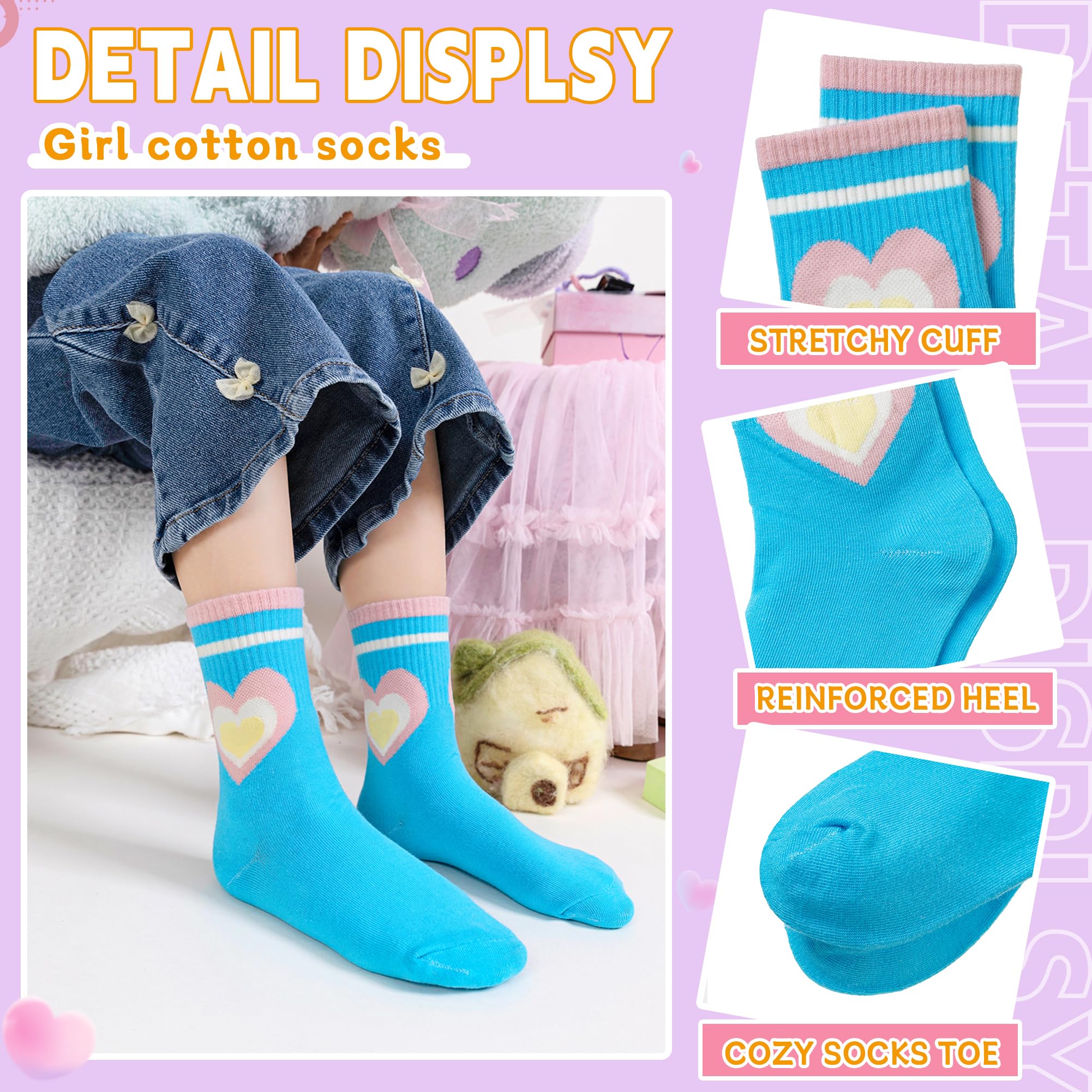 Eyean Calcetines de algodón para niñas, transpirables, lindos, para vestir, 6 pares