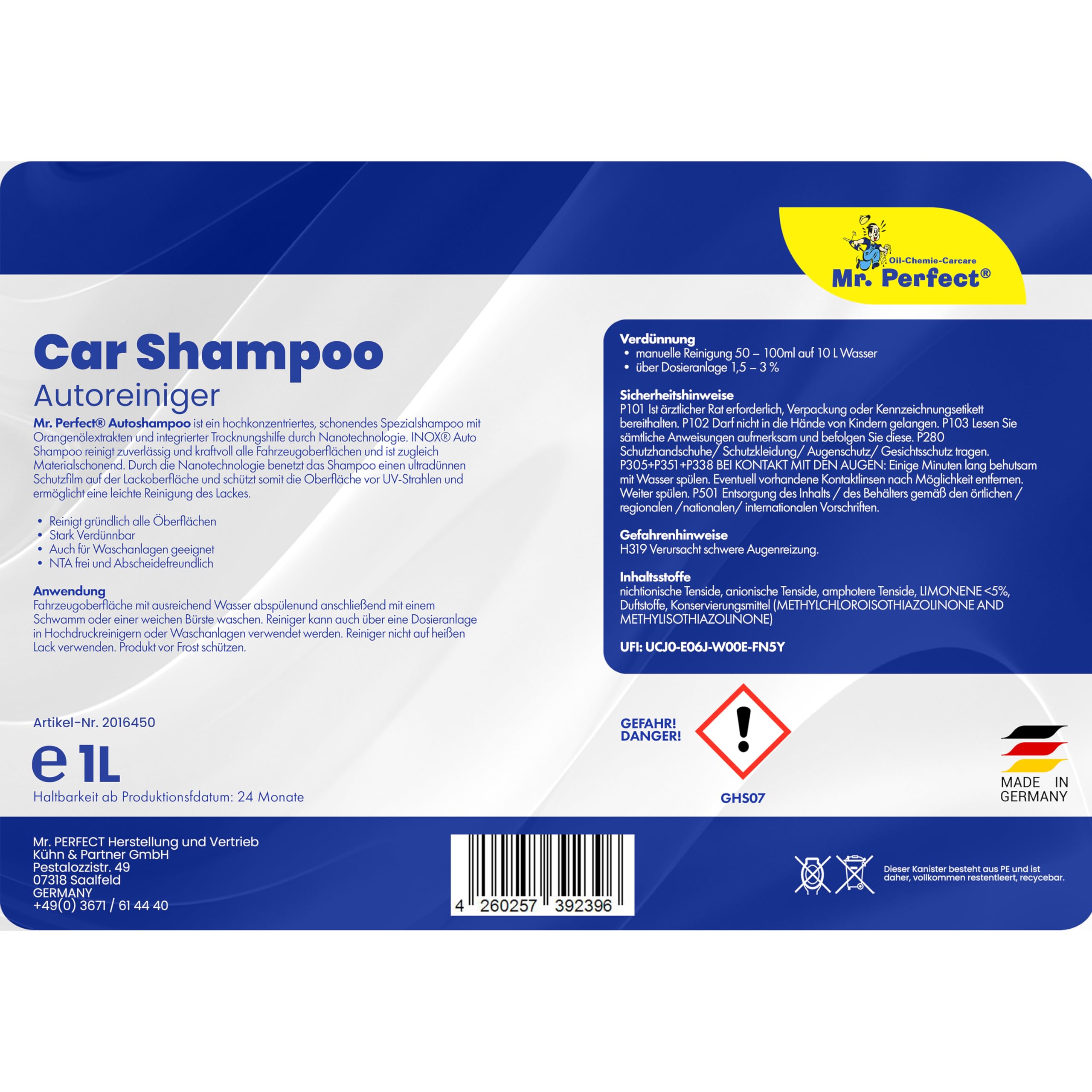 Mr. Perfect – Autoshampoo Konzentrat in praktischer 6x1L Flasche | Autoshampoo für Hochdruckreiniger und Waschanlagen | Autoreiniger mit Abperleffekt