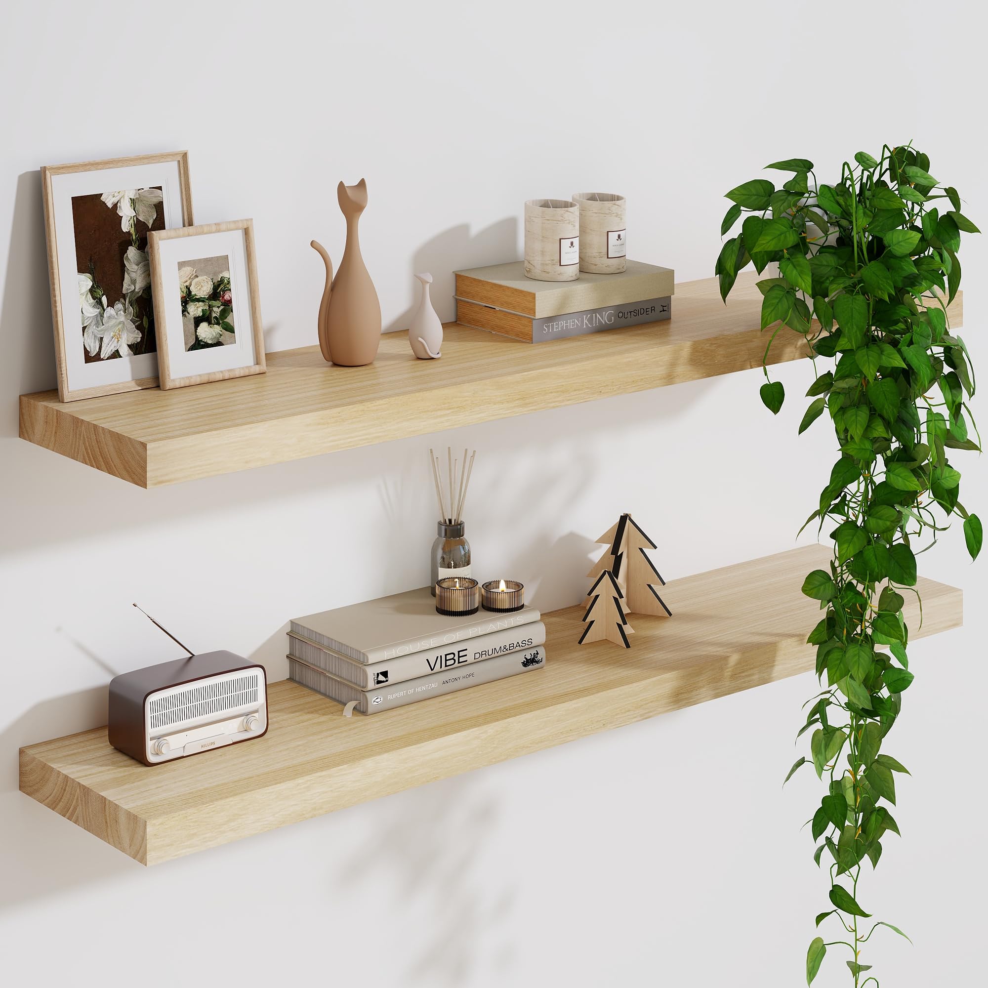 solid wood floating shelves for wall, 36''w x 9''d x 1.56''h large wall shelves for living room bedroom bathroom kitchen decor storage with invisible heavy-duty metal bracket, natural, set of 2