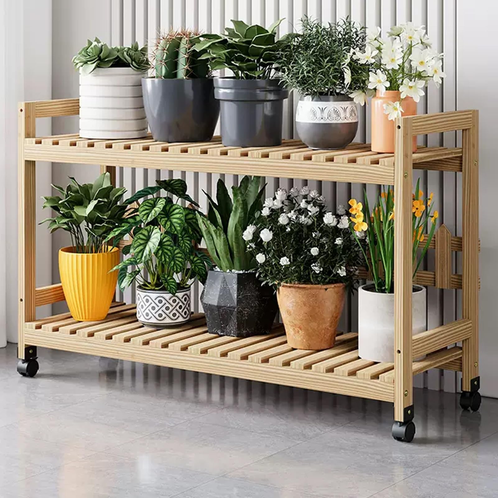 Étagère à Plantes en Bois à 2 Niveaux sur roulettes - Finition Naturelle - Convient pour l'intérieur et l'extérieur - 50 x 35 cm - Idéale pour Un Balcon, Un Salon ou Une fenêtre.