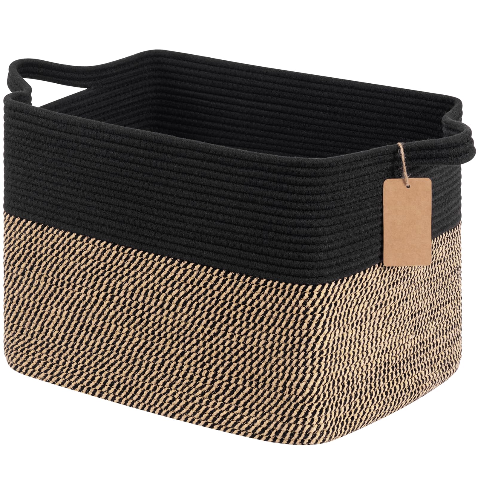 Timeyard Black Jute 50L Woven Storage Baskets For Organizing, Wicker Laundry Basket For Shoes,Towel, Blanket Basket For Living Room, Toy Baskets Storage Kids With Handles, Black And Jute, 46 X 36 X 30 Cm