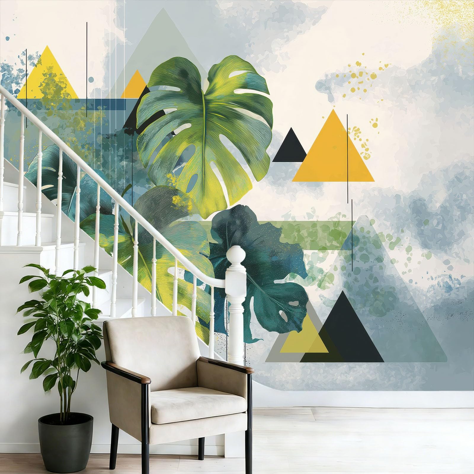 Tapeta nowoczesna ręcznie rysowana liść palmowy geometryczne murale ścienne fototapeta, zielona dekoracja ścienna do salonu sypialni pokoju dziecięcego dekoracja domu, 350 x 256 cm