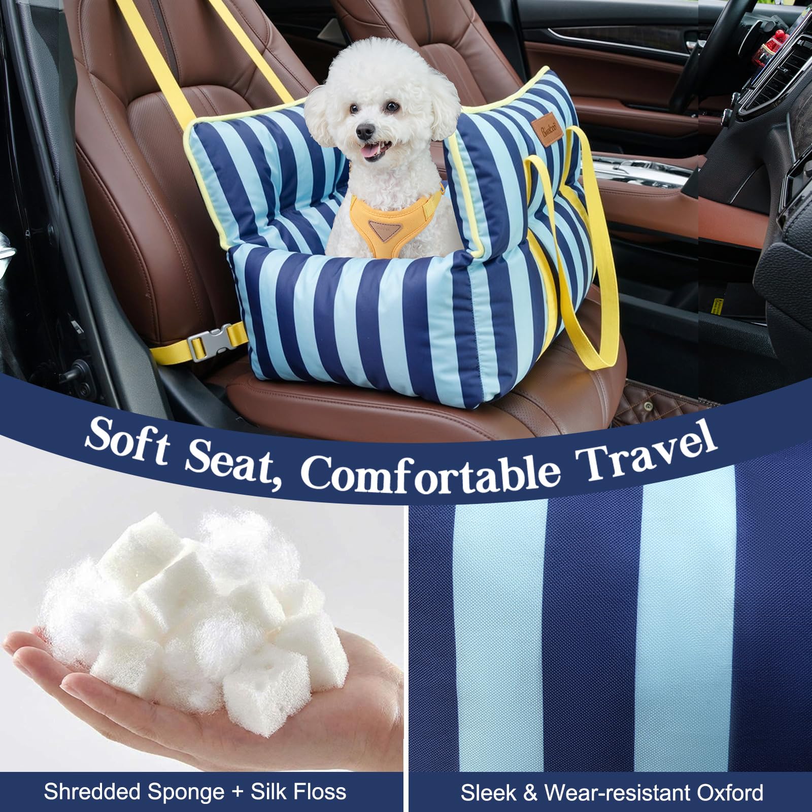 Pawaboo Asiento de Coche para Perros Mascotas, Transportín de Coche Perros con Hebilla Fija y Correa de Seguridad para Cachorros de hasta 25lbs, Cama Perro Coches Resistente al Agua