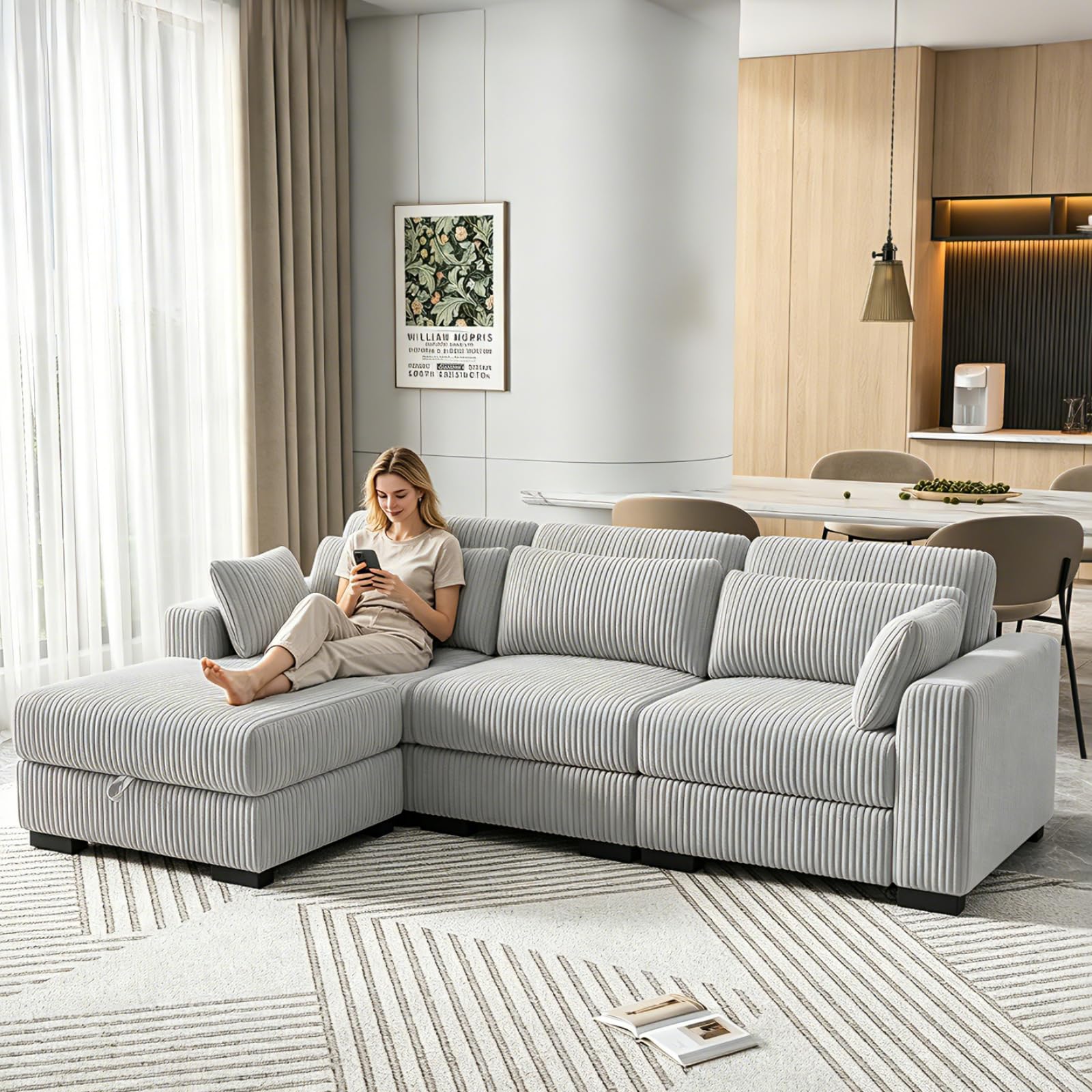 Sofa de 3 Plazas,Sofá Acolchado Sofas de Salon Cheslong Sofa Cama Chaise Longue Sofá Modular Suelo Sofás en Forma de L de Pana con Cojín Y otomano (Gris, 3 plazas+1 reposapiés)