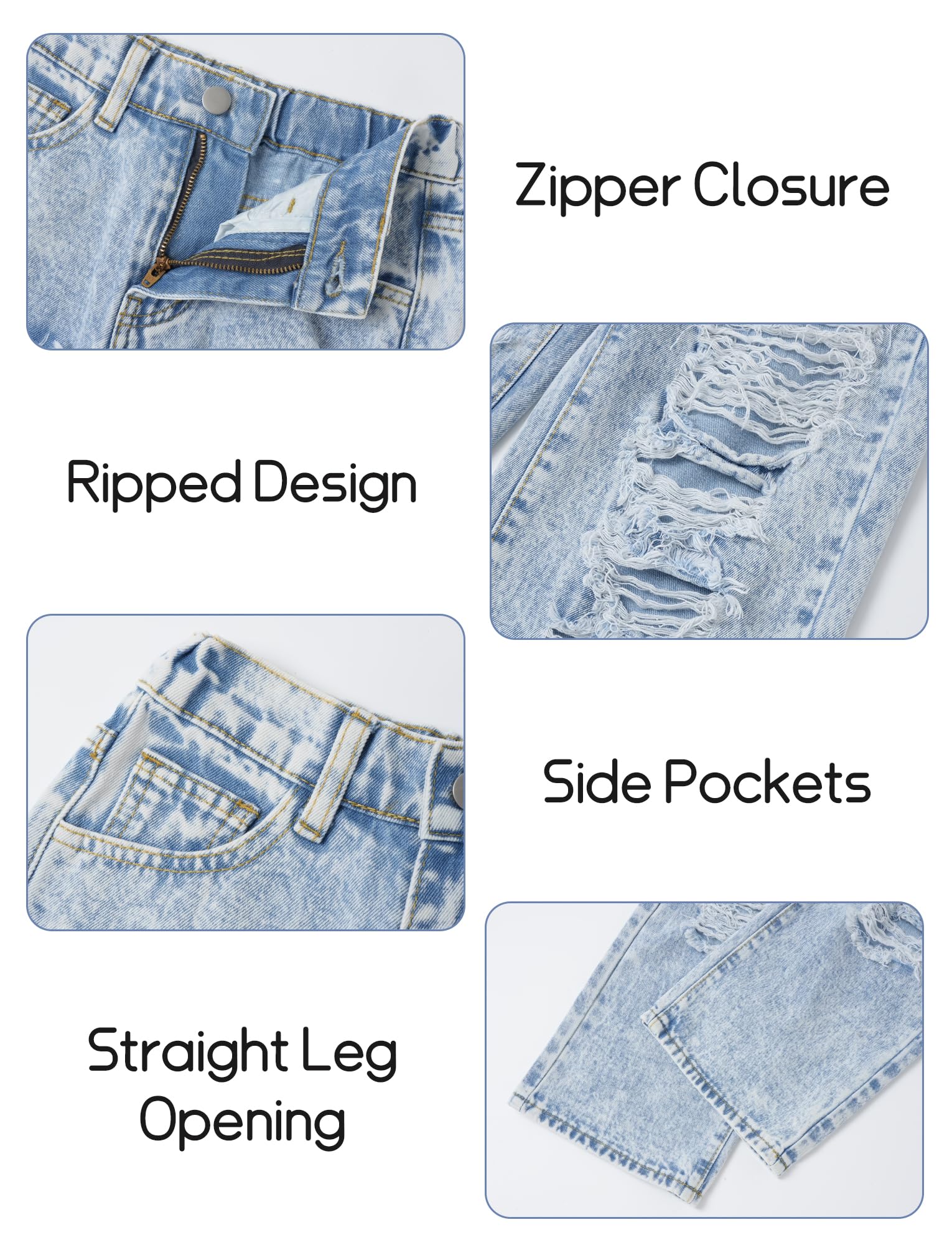 Maeau Jeans casual a gamba larga da ragazza con elastico in vita pantaloni in denim strappati larghi per bambini pantaloni in denim invecchiato vestibilità ampia
