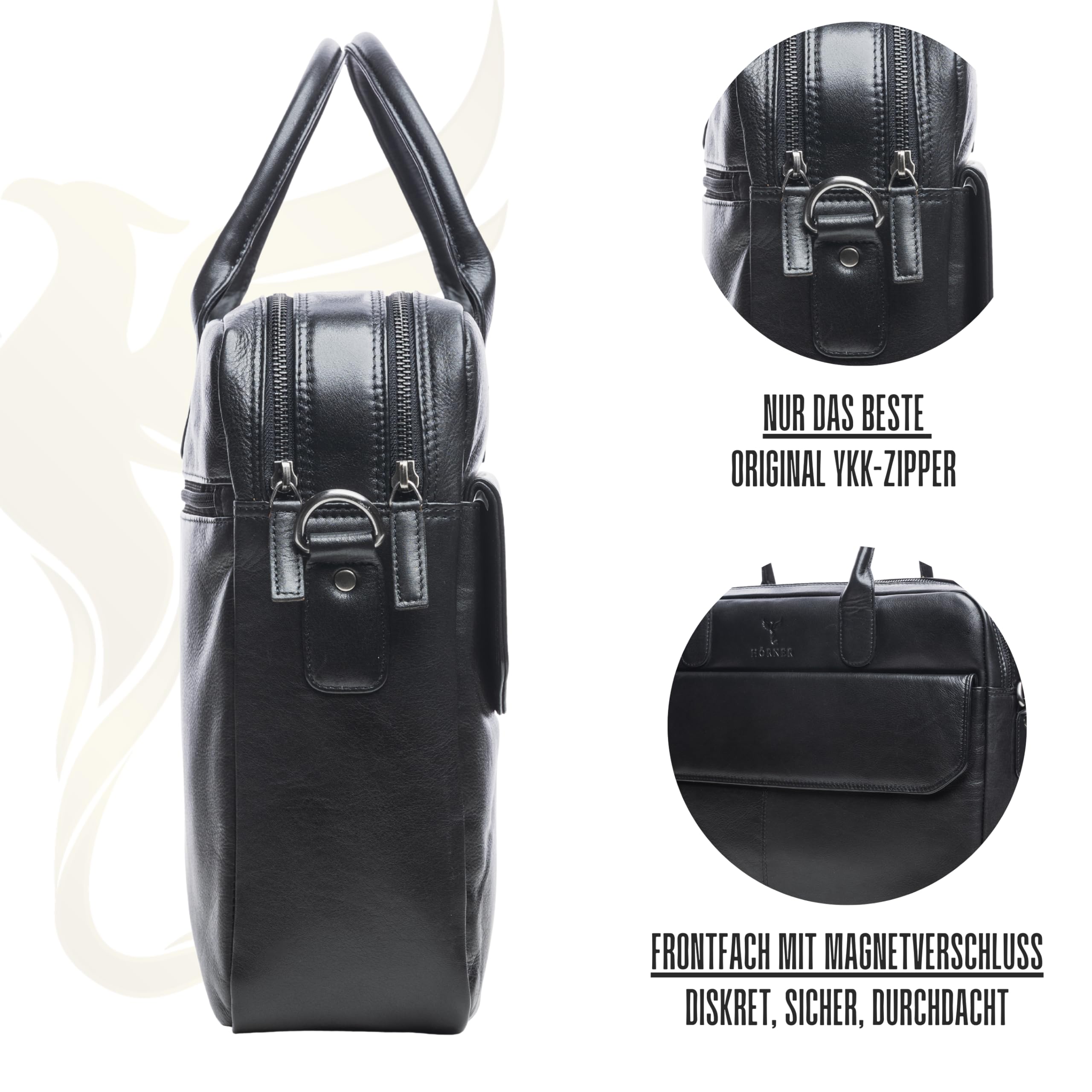Hörner Düsseldorf Businesstasche Echtleder – Schwarz | Laptoptasche bis 16″, 44×33×10 cm | 2 Hauptfächer, viele Innenfächer, professioneller Organizer