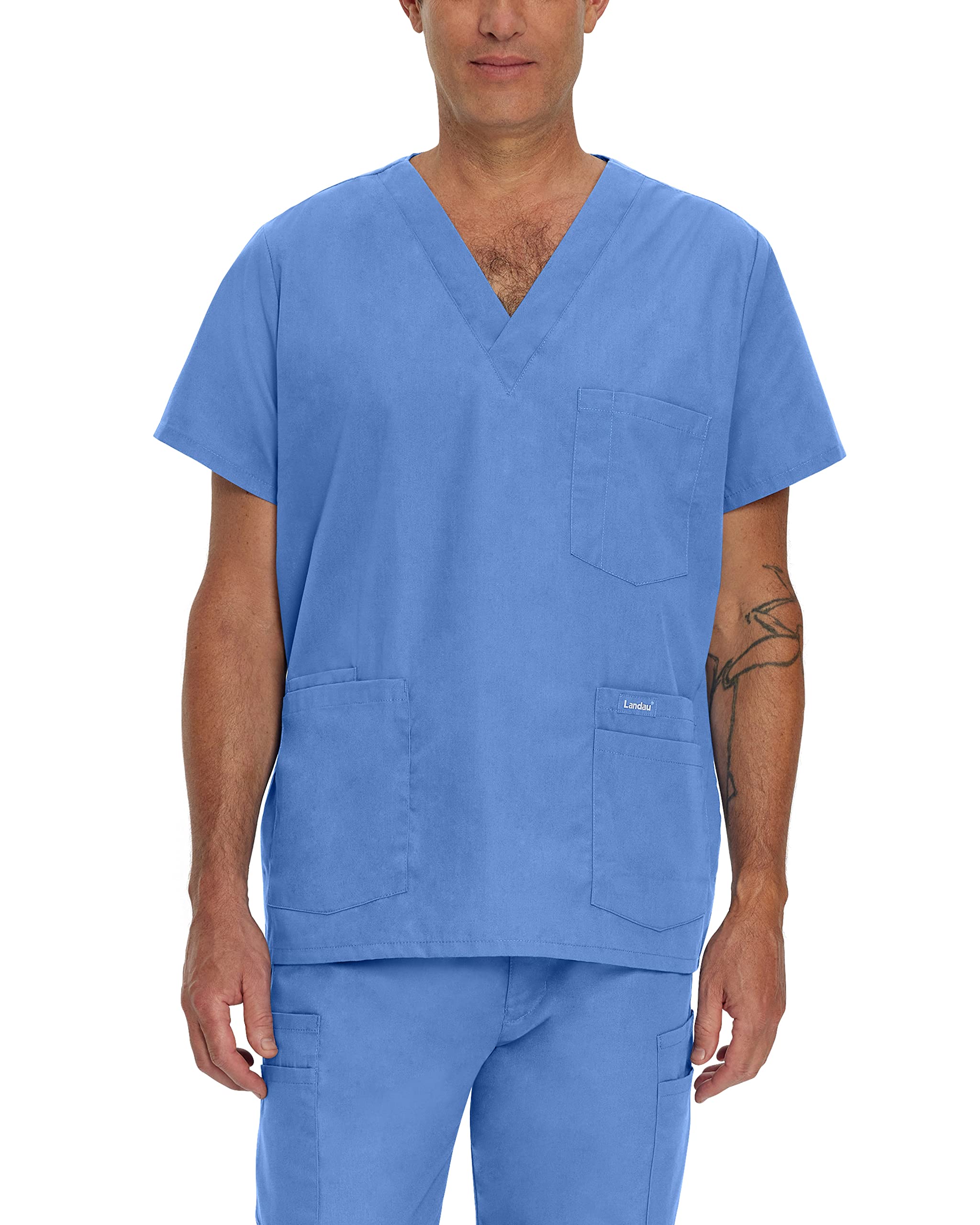 Landau Essentials Relaxed Fit 5-Pocket V-Neck Scrub Top for Men 7489