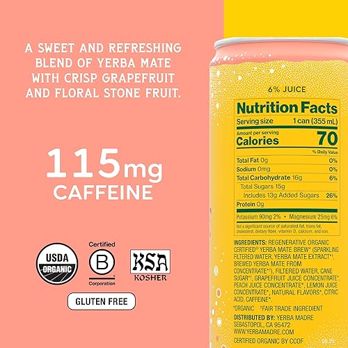 Miniatura 2 de Yerba Madre Yerba Mate Espumante Orgánica, Pomelo Jengibre, 80mg de Cafeína Natural a Base de Plantas, Energía Suave y Concentración, Carbonatada