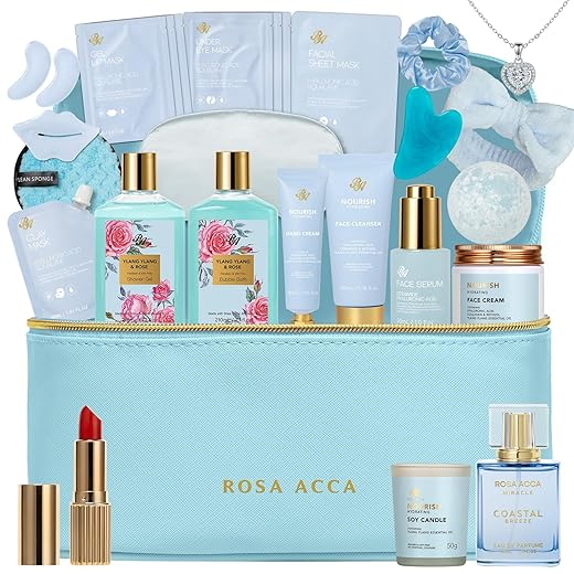 RA ROSA ACCA Kit De Presente Para O Dia Das Mães Com 25pç, Produtos De Banho E Corpo Para Mulheres, Kit De Cuidados Com A Pele, Cesta De Spa Para Autocuidado, Necessaire, Colar, Bomba De Banho