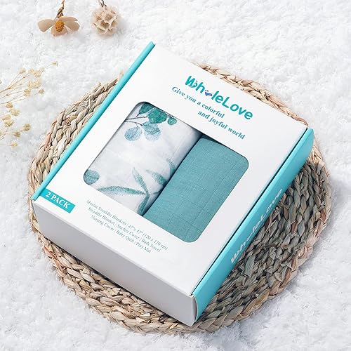 Miniatura 2 de BabyWhale Juego de manta de muselina para envolver con hojas de eucalipto bohemio y manta sólida para bebés niños y niñas, suave como la seda, 47 x