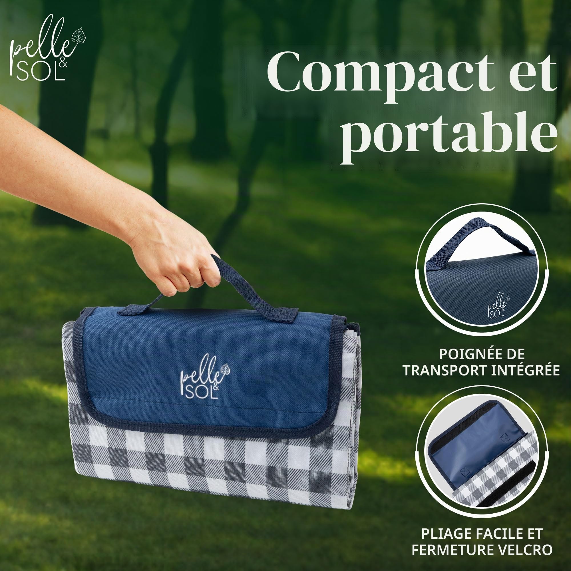 Pelle & Sol Tapis de Pique-Nique Imperméable 200x140 cm, Couverture Extérieure Pliable avec Poignée, Base Antidérapante, Tapis Anti-Sable Lavable pour Plage, Jardin, Camping, Randonnée & Parc