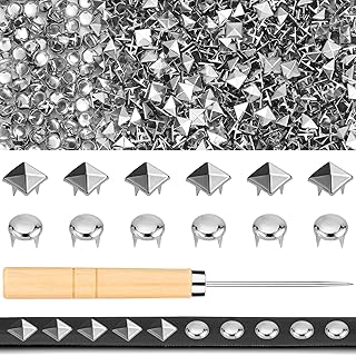 Jollidecor 1250 PCS Metal Studs for Clothing, 10mm Square Pyramid Studs and Round Dome Studs for Craft, Leather Rivet Kit with Awl Silver Spikes for Clothes, Jacket, Belt, Dog Collar