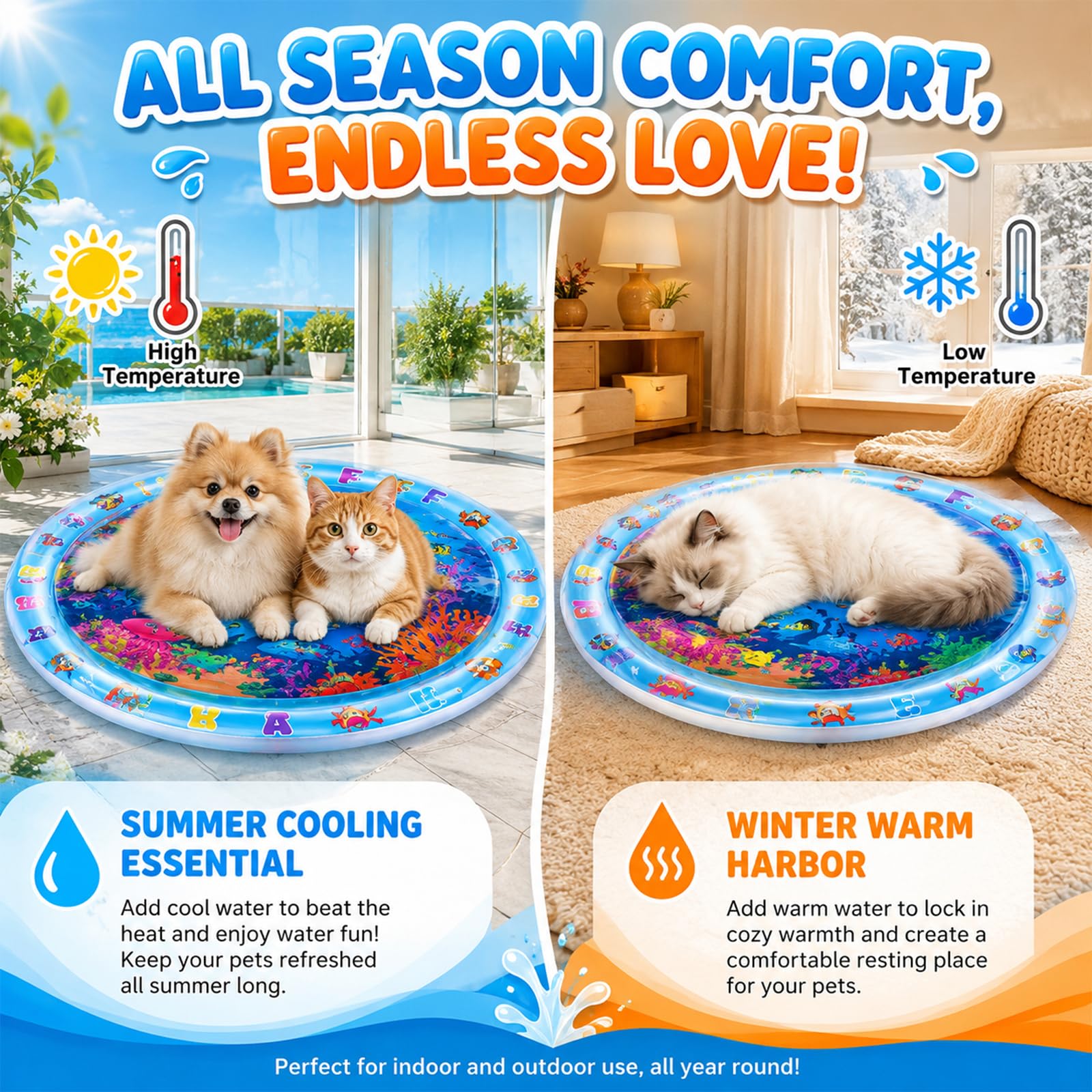 Wasserspielmatte Katze, Kühlmatte Katzen Hund, Wassermatte Baby, Spielmatte Sensorik Spielzeug Wasser, Interaktives Katzenspielzeug Wassermatte für Haustier Innen Außenbereich 95x95CM