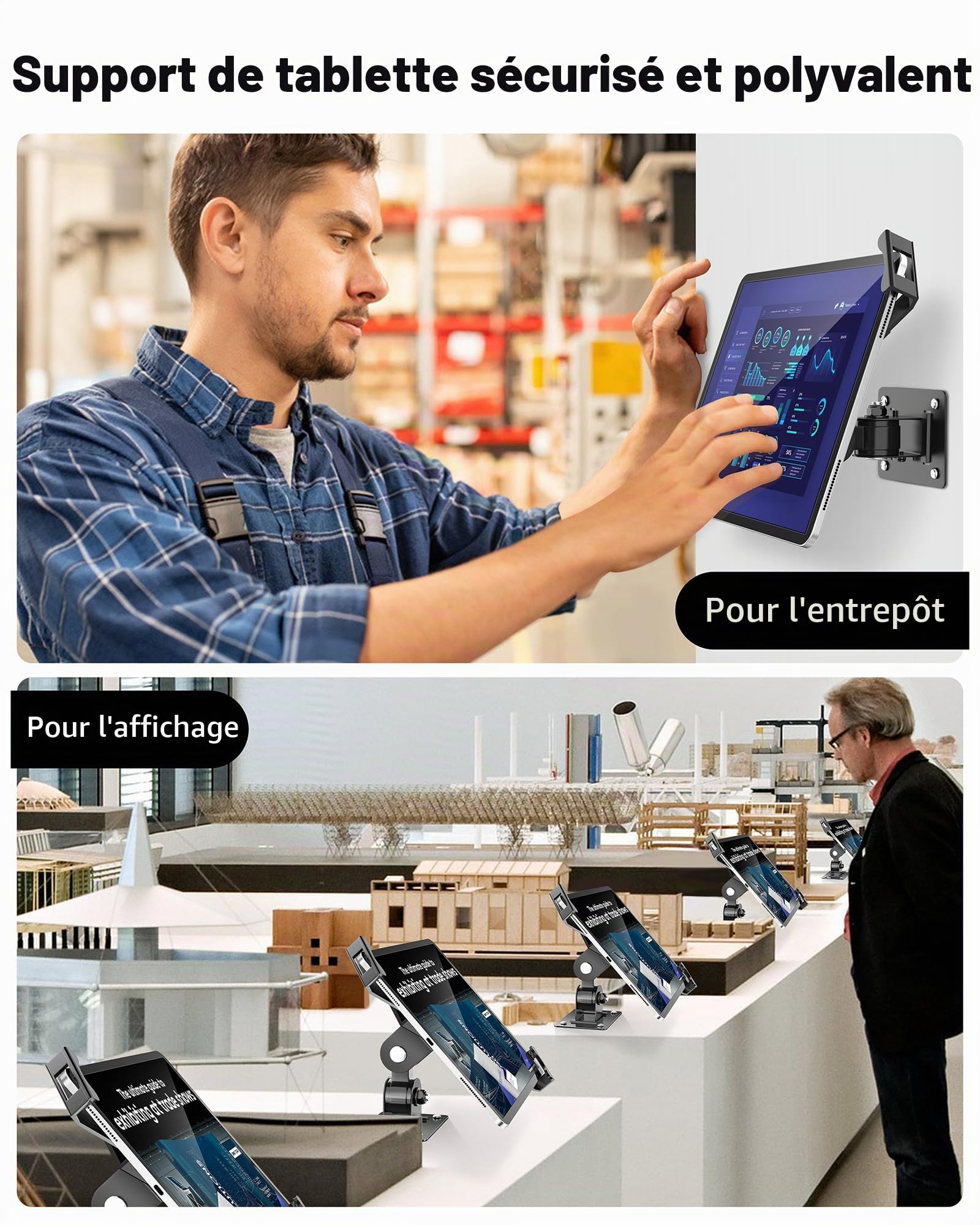 AboveTEK Support Mural pour Tablette - Verrouillage Antivol et Clé - Compatible avec iPad, Galaxy Tab, Slate, Fire et Plus - Modes Portrait et Paysage