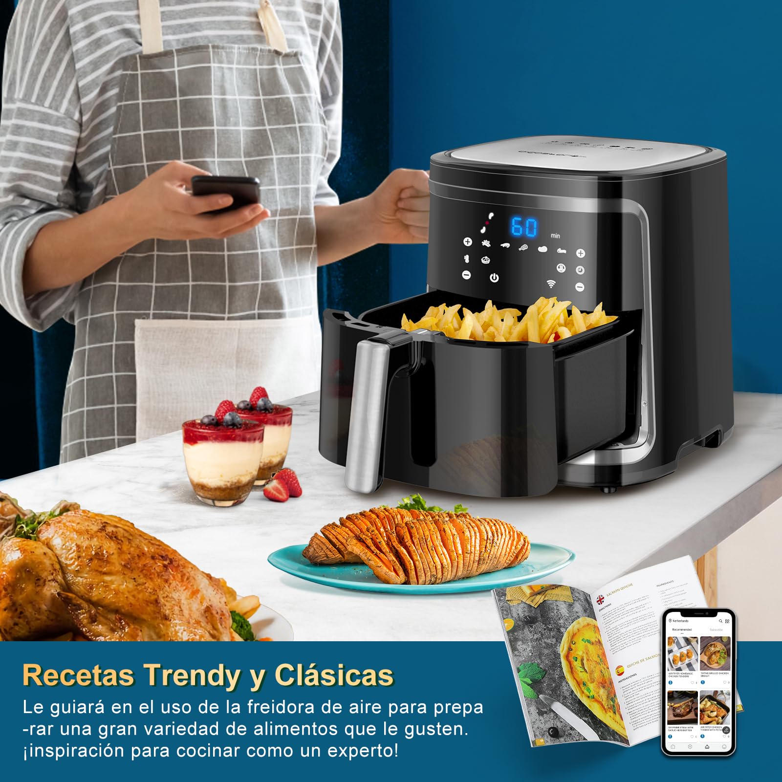 Aigostar Cube Smart - Freidora de aire inteligente sin aceite, Conexión Wifi, 1900W, 7L, Modo manual, Pantalla LED táctil, 7 funciones preestablecidas + mantener caliente y modo manual, Libre de BPA