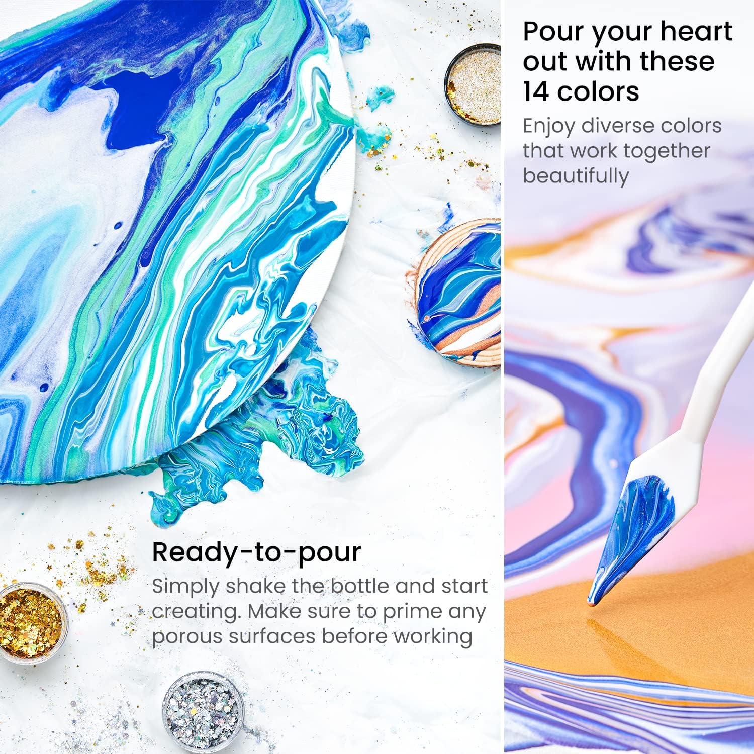 ARTEZA Acrylic Pouring Kit – 14 High-Flow Paints, 2 Stretched Canvases, 2 Wooden Slices, Glitter, Palette Knives & Craft Tools for Acrylic Pouring Projects