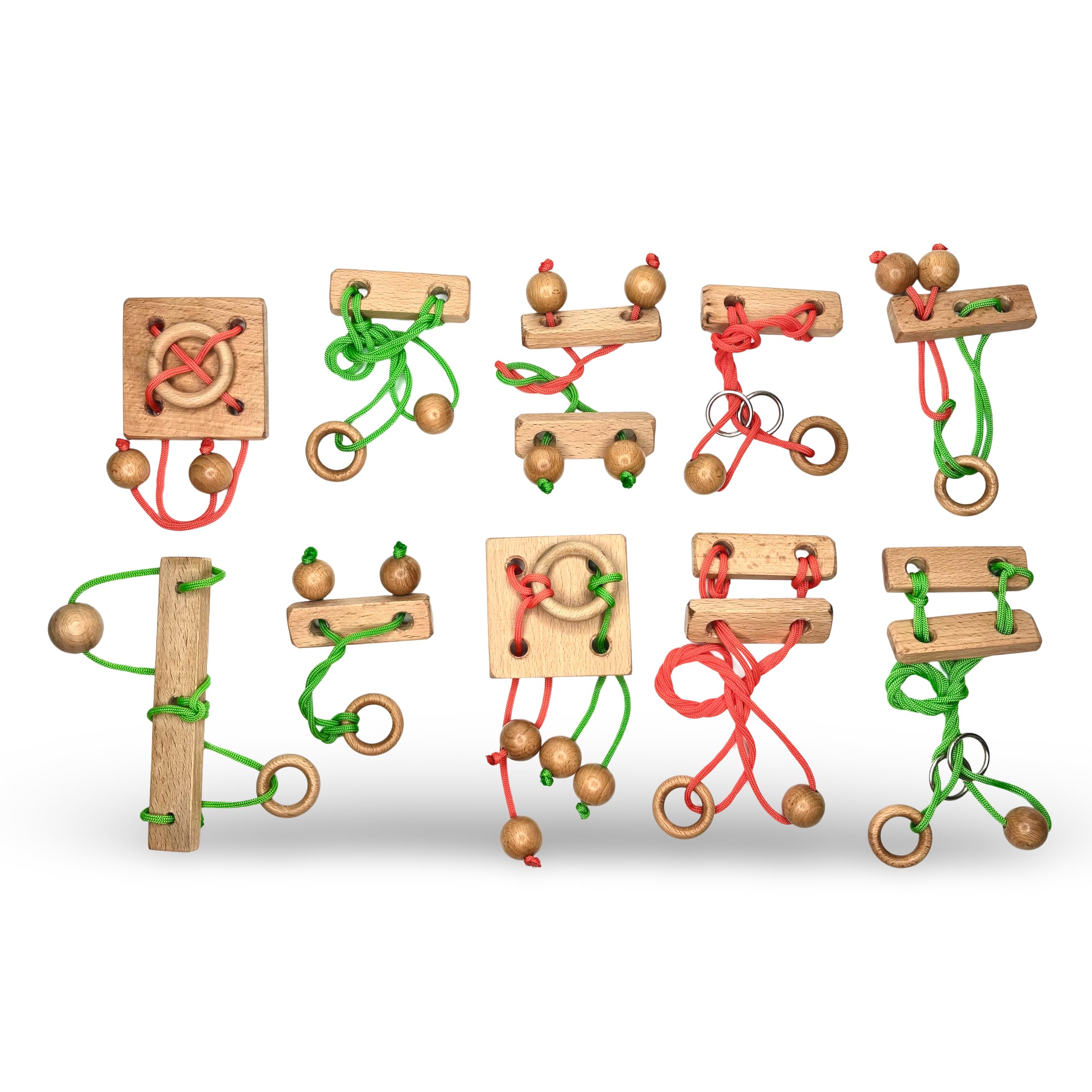 Mother Touch Toys Wooden String Puzzle Set (10 Pcs) with 20 Origami Challenges & 1 Mystery Puzzle | Brain Teaser for Kids & Adults | IQ Logic Games,Cognitive Skill Builder.