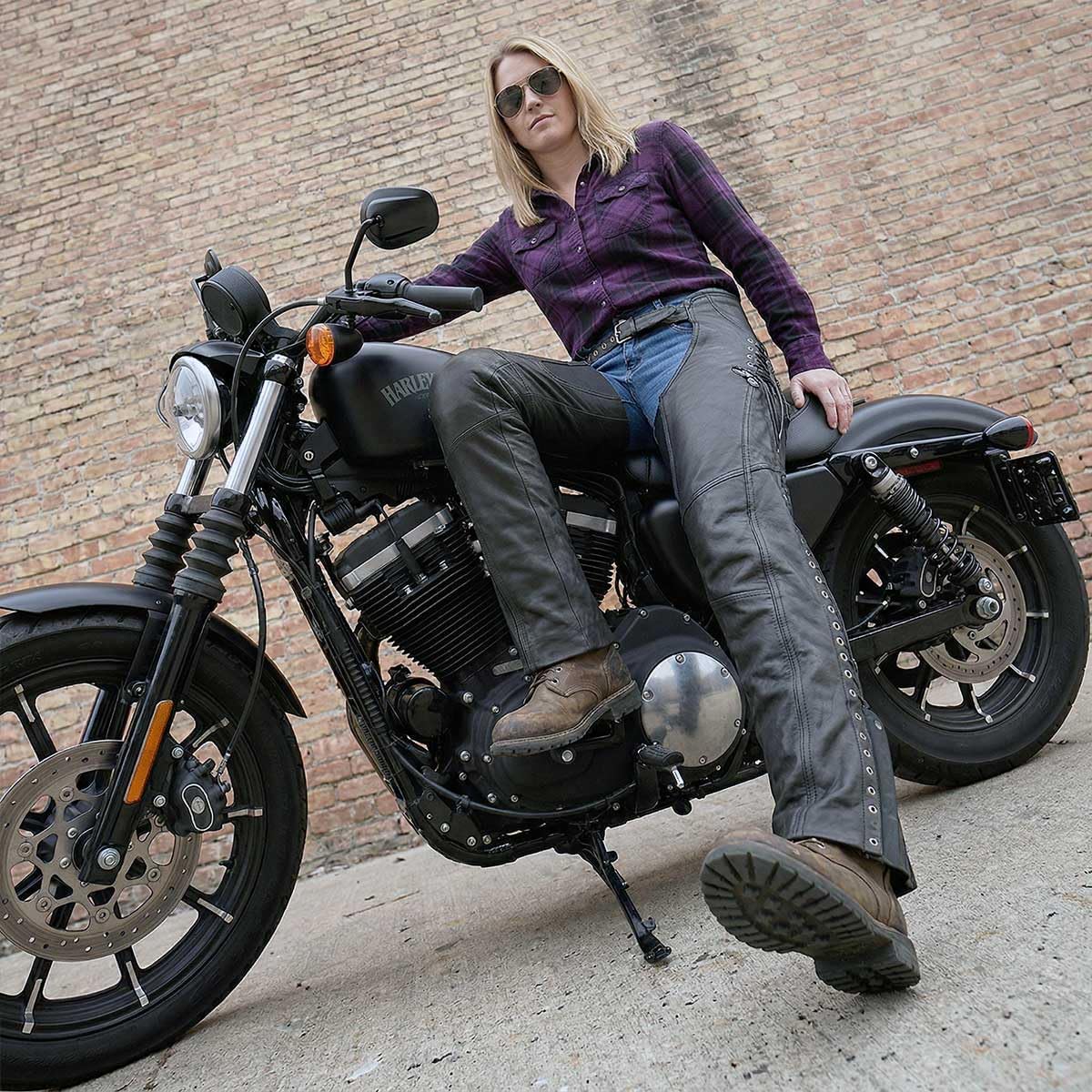 Milwaukee Leather Gambali da Moto in Pelle di Capra Nero Donna
