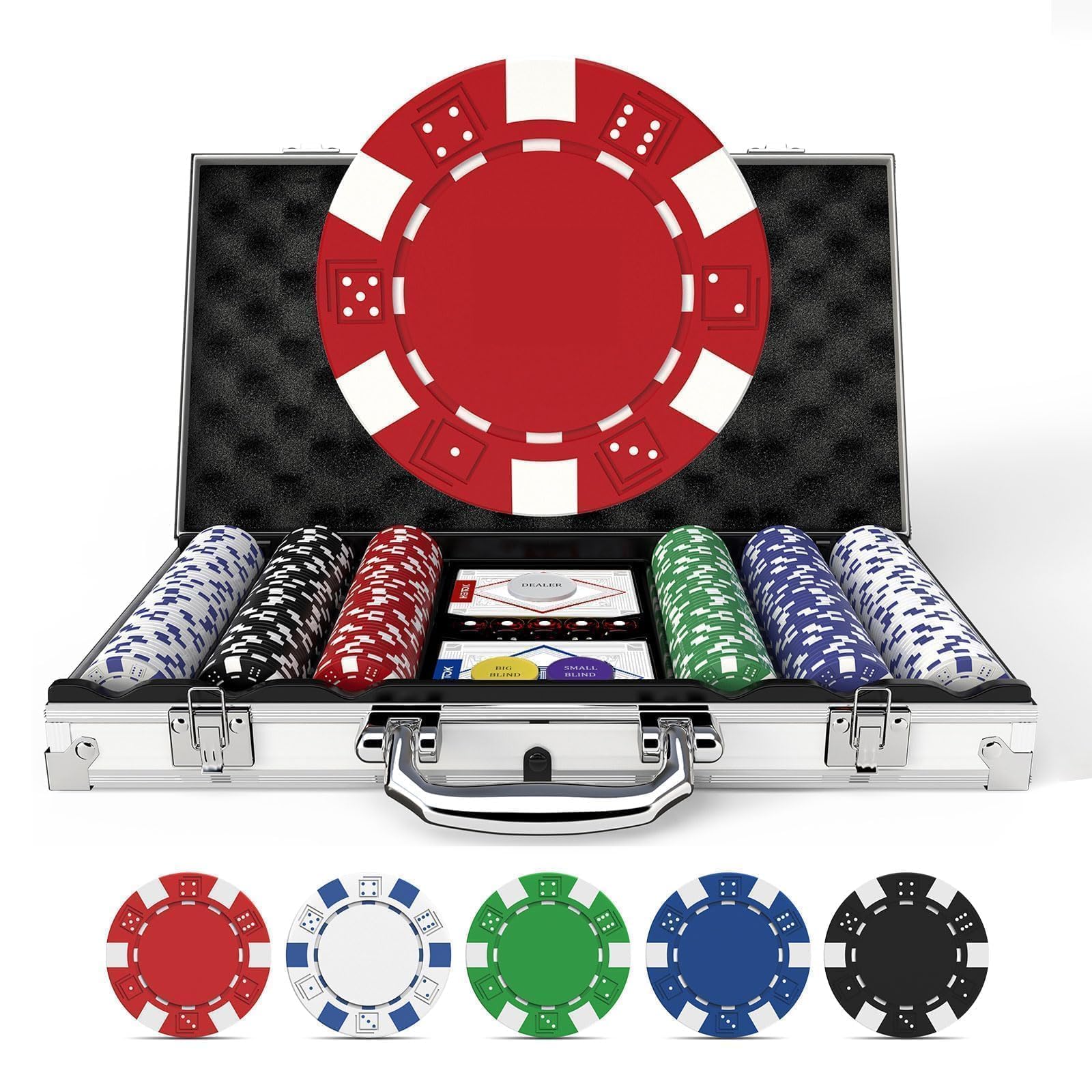 Texas Hold'em Poker Chip Set 200-pcs with Aluminum Carrying Case & Professional Weight Chips Plus 5 Poker Dice Waterproof