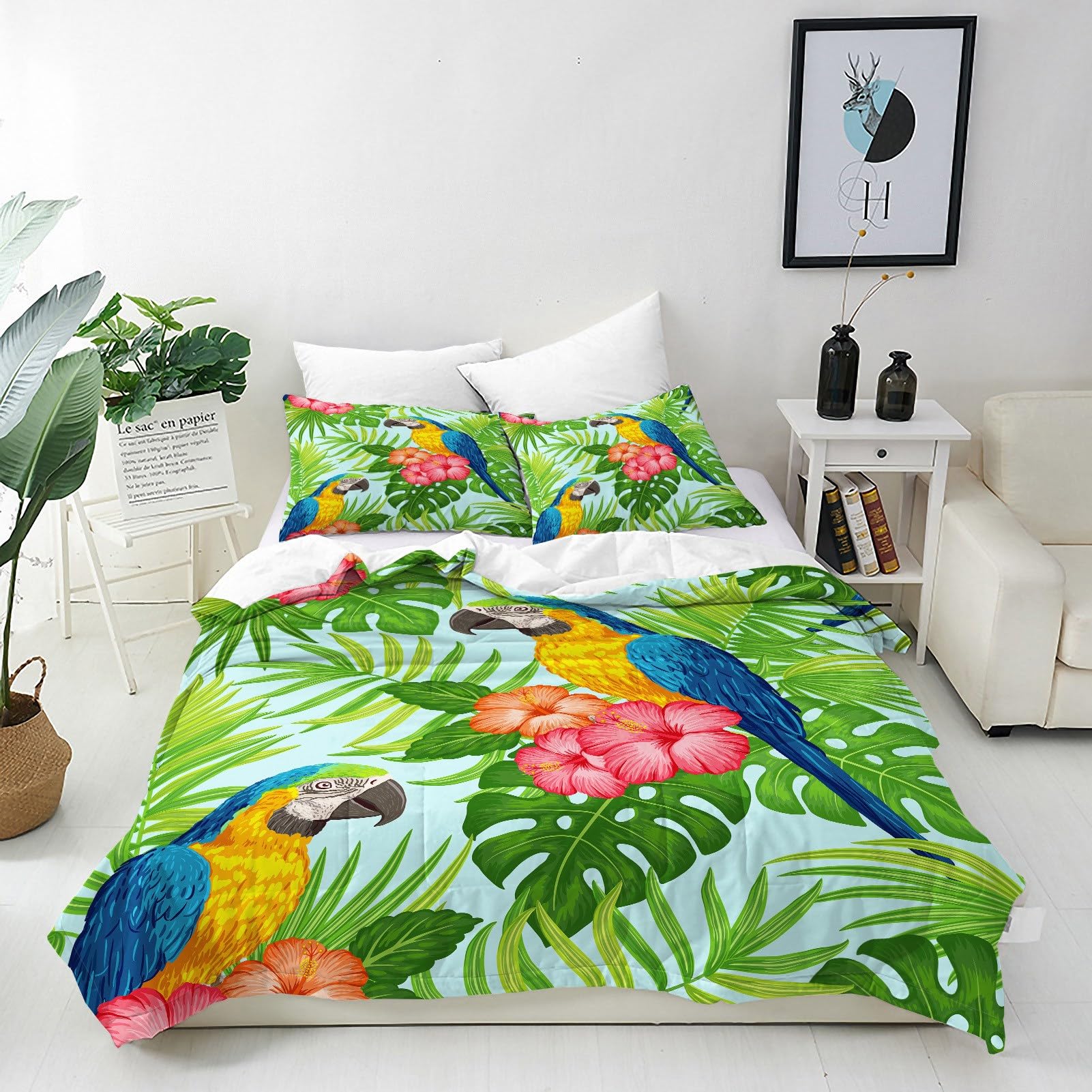 ANHOPE Parrot Duvet Cover Set Soft Lightweight 3 Piece Bedding Set with 2 Pillowcases Tropical Jungle Palm Leaf Floral Macaw Print Pattern Quilt Cover with Zipper Closure King โ image 1