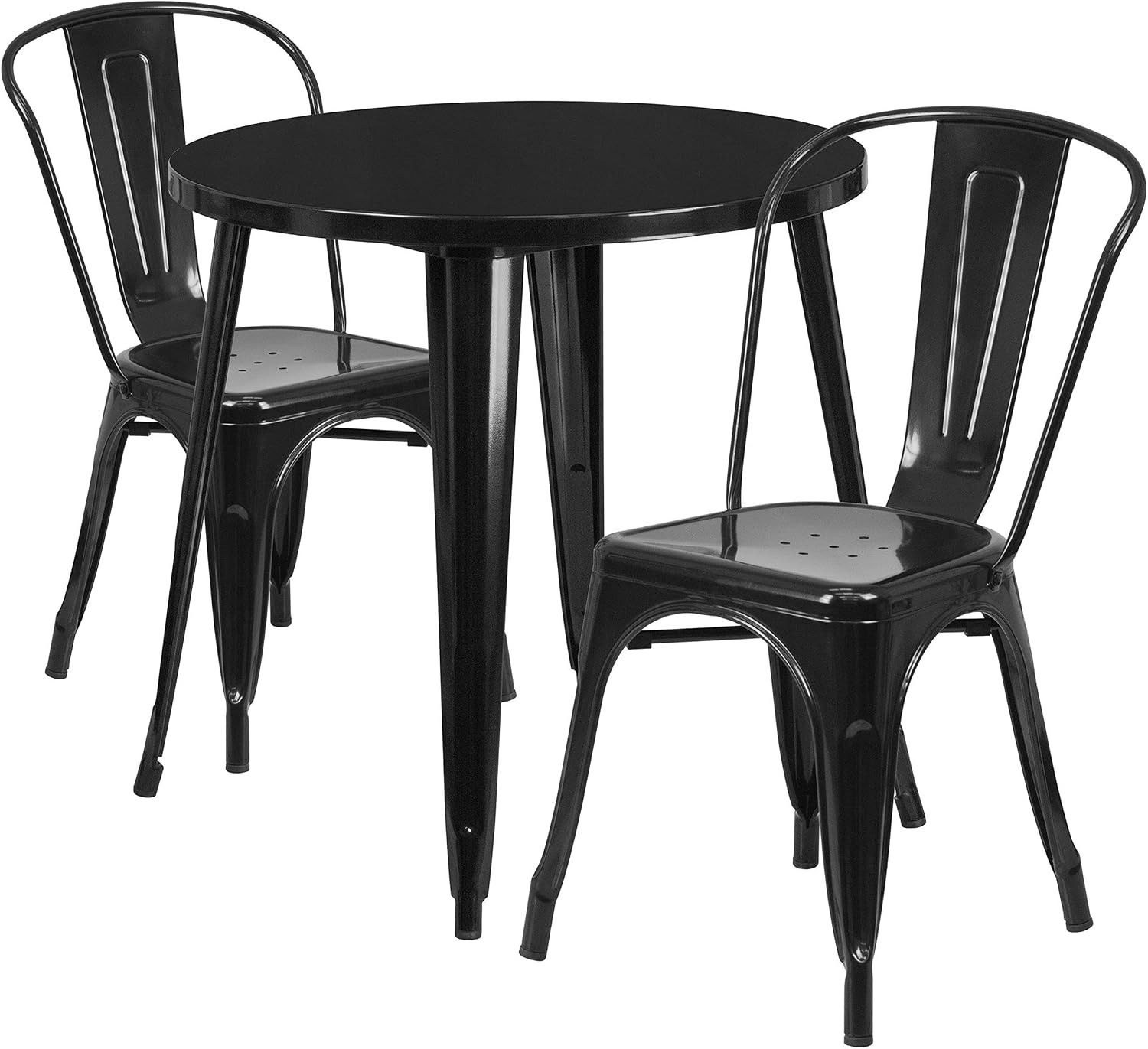 BOWERY HILL Contemporary 3 Piece Dining Set, 30" Round Metal Table and 2 Chairs, Black Powder Coat Finish, Galvanized Steel, Indoor/Outdoor Use, Rubber Floor Glides, Stackable Bistro Chairs for Patio