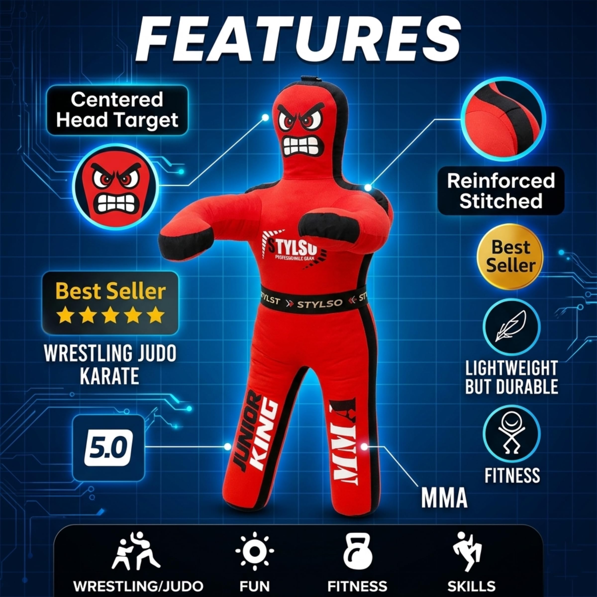 Mannequin de Lutte pour Enfants - pour jiu-Jitsu brésilien, Arts Martiaux Mixtes, MMA, Boxe, Judo karaté, Position Debout